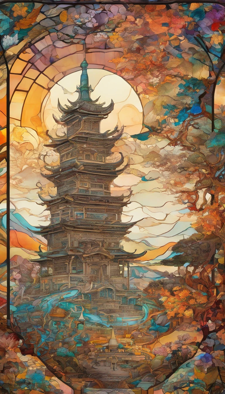 Colorful Steampunk Transparent Landscape Embroidery Color Ink Pattern Porcelain Bottle Front Panoramic Body View,Der Stil des Jingdezhen-Porzellans,The bottles are embossed and carved into colorful mechanical parts,The main body is made of gold wire windings,Bunte Glasuren, Fotografie。Echtes Licht und Schatten,Brechungen,Reflexion,High light transmittance,Licht- und Schattenkontrast, Hoher Kontrast,Extrem verstreut,Komplizierte Details,8K-Rendering,Trends Art Station und Pixiv. Episches Bild, Die Tapete,Filmqualität,Komplizierte und tiefe Details,Strong sense of three-dimensionality. Erstellt von Giger, Artgerm und Greg Rutkowski, Alphonse Mucha, CGSesociety.