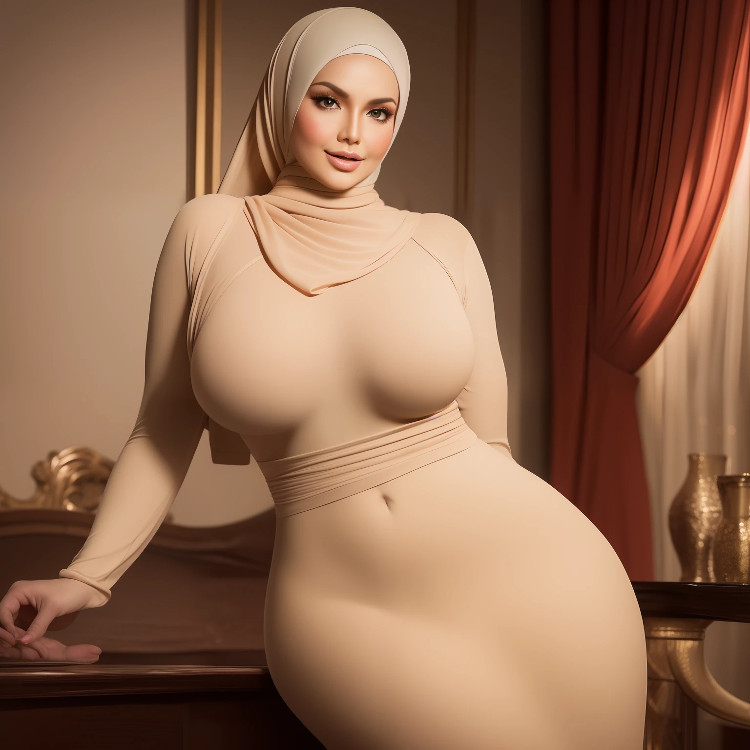 A busty white-skinned hijabis MILF in an attractive pose on a bed, with a perfect body shape and a slim waist. She is wearing tight clothes that accentuate her curves. Her huge size boobs and thick ass are prominently visible. The view shows her full body, highlighting her sensual and seductive posture.

Medium: Hyperrealistic digital illustration
Additional details: Soft lighting, a luxurious bedroom setting with elegant decor, silky smooth skin, long flowing hair, and a confident expression on her face.

Image quality: (best quality, 4k, highres, masterpiece:1.2), ultra-detailed, vivid colors, sharp focus, professional rendering, photorealistic.

Artistic style: Glamour photography, sensual art.

Color palette: A warm and inviting color scheme, with hints of gold and deep reds to enhance the luxurious atmosphere.

Lighting: Soft, diffused lighting that illuminates the subject, creating a gentle glow and highlighting her features.