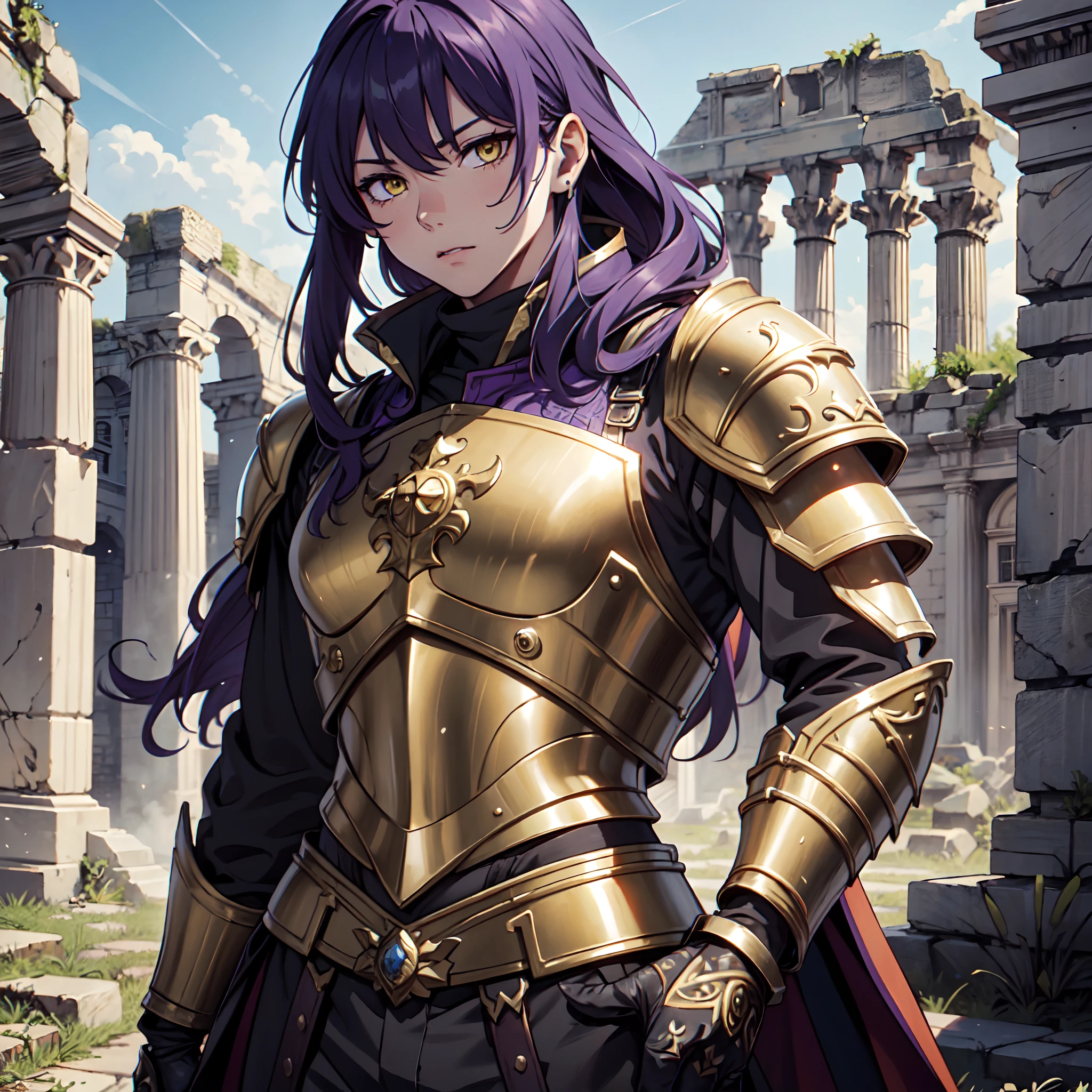 Ultra High Definition,
Ultra High Quality,
Hyper Definition,
Hyper Quality,
Hyper Detailed,
Extremely Detailed,
Perfectly Detailed,
Masterpiece,
8k,
1 Boy,
Anime,
Long Purple Hair,
Under Cut Hairstyle,
Solid Yellow Eyes,
Handsome,
Armored With Roman Emperor Armor,
Body Shot,
Ancient Roman Empire Ruins Background,