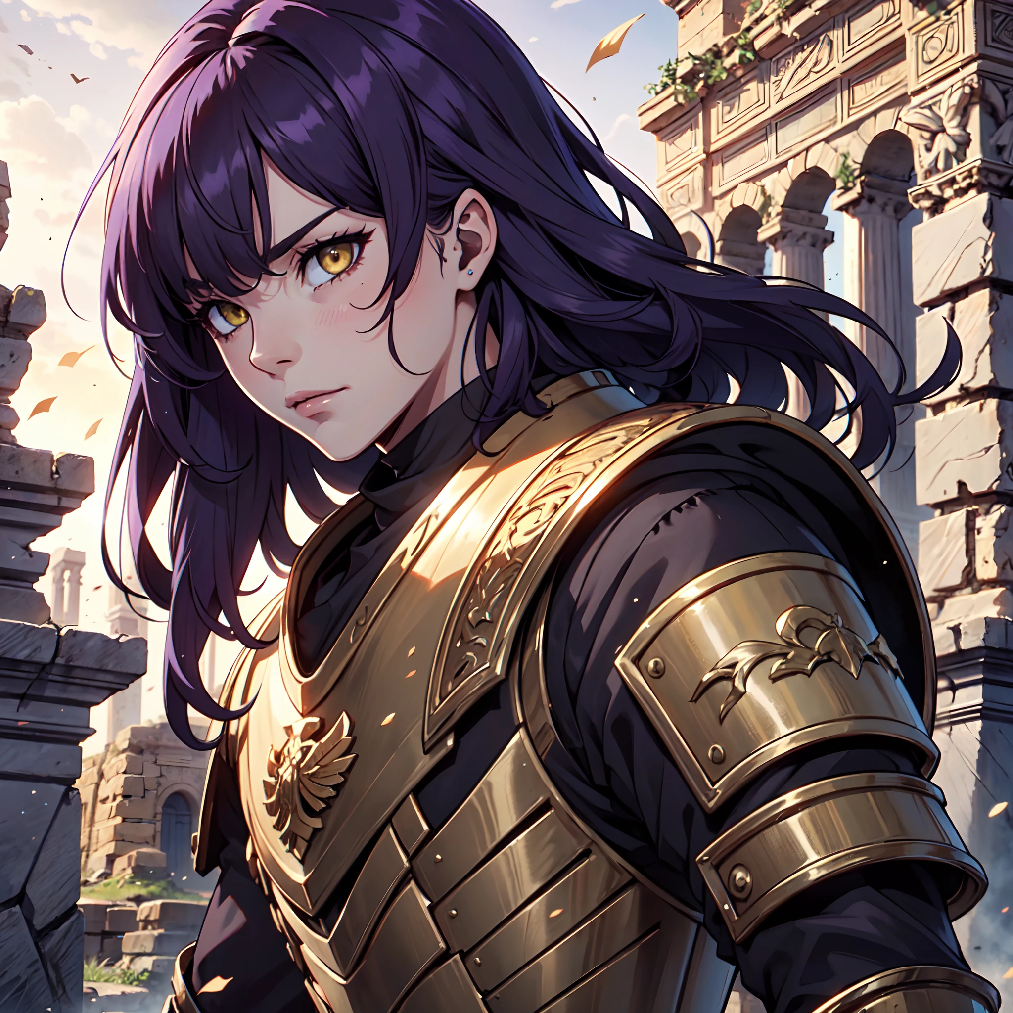 Ultra High Definition,
Ultra High Quality,
Hyper Definition,
Hyper Quality,
Hyper Detailed,
Extremely Detailed,
Perfectly Detailed,
Masterpiece,
8k,
1 Boy,
Anime,
Long Purple Hair,
Under Cut Hairstyle,
Solid Yellow Eyes,
Handsome,
Armored With Roman Emperor Armor,
Body Shot,
Ancient Roman Empire Ruins Background,