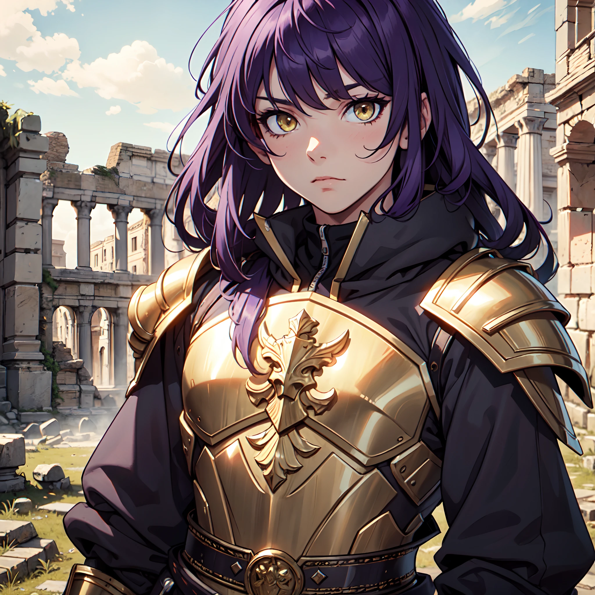 Ultra High Definition,
Ultra High Quality,
Hyper Definition,
Hyper Quality,
Hyper Detailed,
Extremely Detailed,
Perfectly Detailed,
Masterpiece,
8k,
1 Boy,
Anime,
Long Purple Hair,
Under Cut Hairstyle,
Solid Yellow Eyes,
Handsome,
Armored With Roman Emperor Armor,
Body Shot,
Ancient Roman Empire Ruins Background,