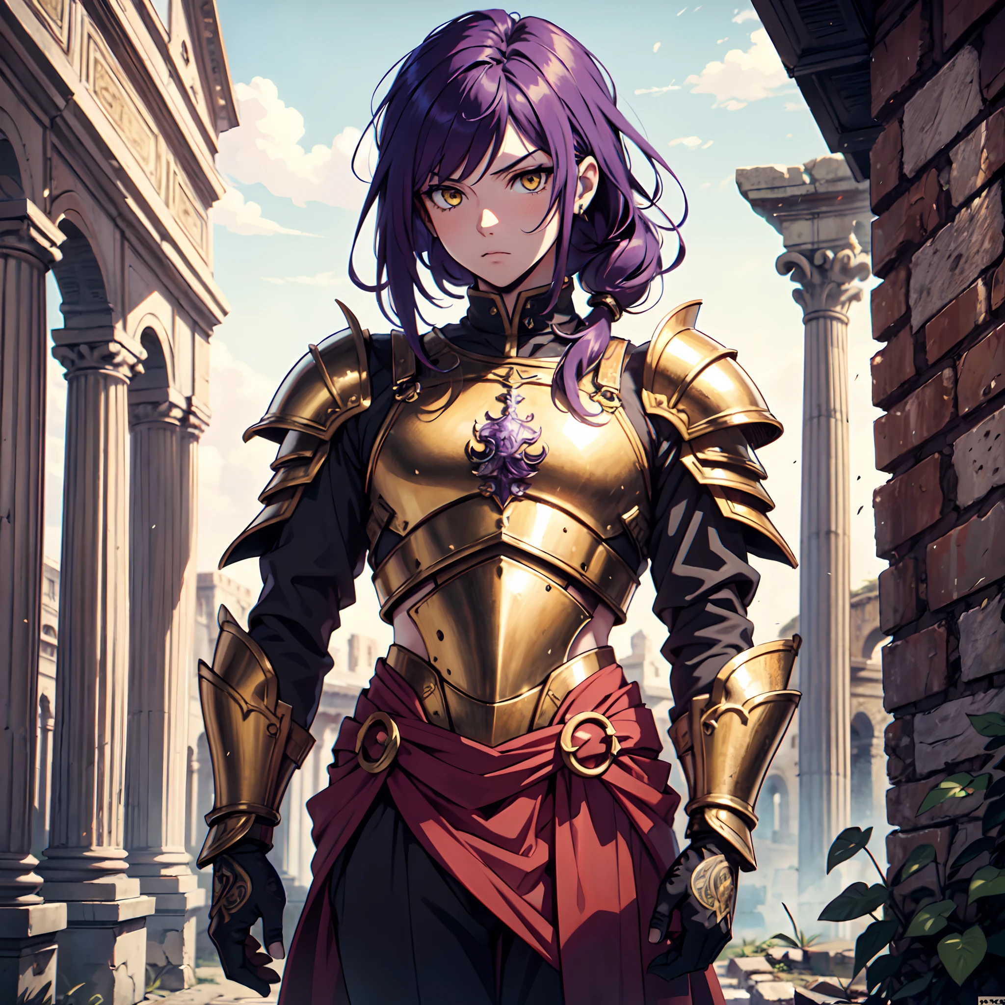 Ultra High Definition,
Ultra High Quality,
Hyper Definition,
Hyper Quality,
Hyper Detailed,
Extremely Detailed,
Perfectly Detailed,
Masterpiece,
8k,
1 Boy,
Anime,
Long Purple Hair,
Under Cut Hairstyle,
Solid Yellow Eyes,
Handsome,
Armored With Roman Emperor Armor,
Body Shot,
Ancient Roman Empire Ruins Background,