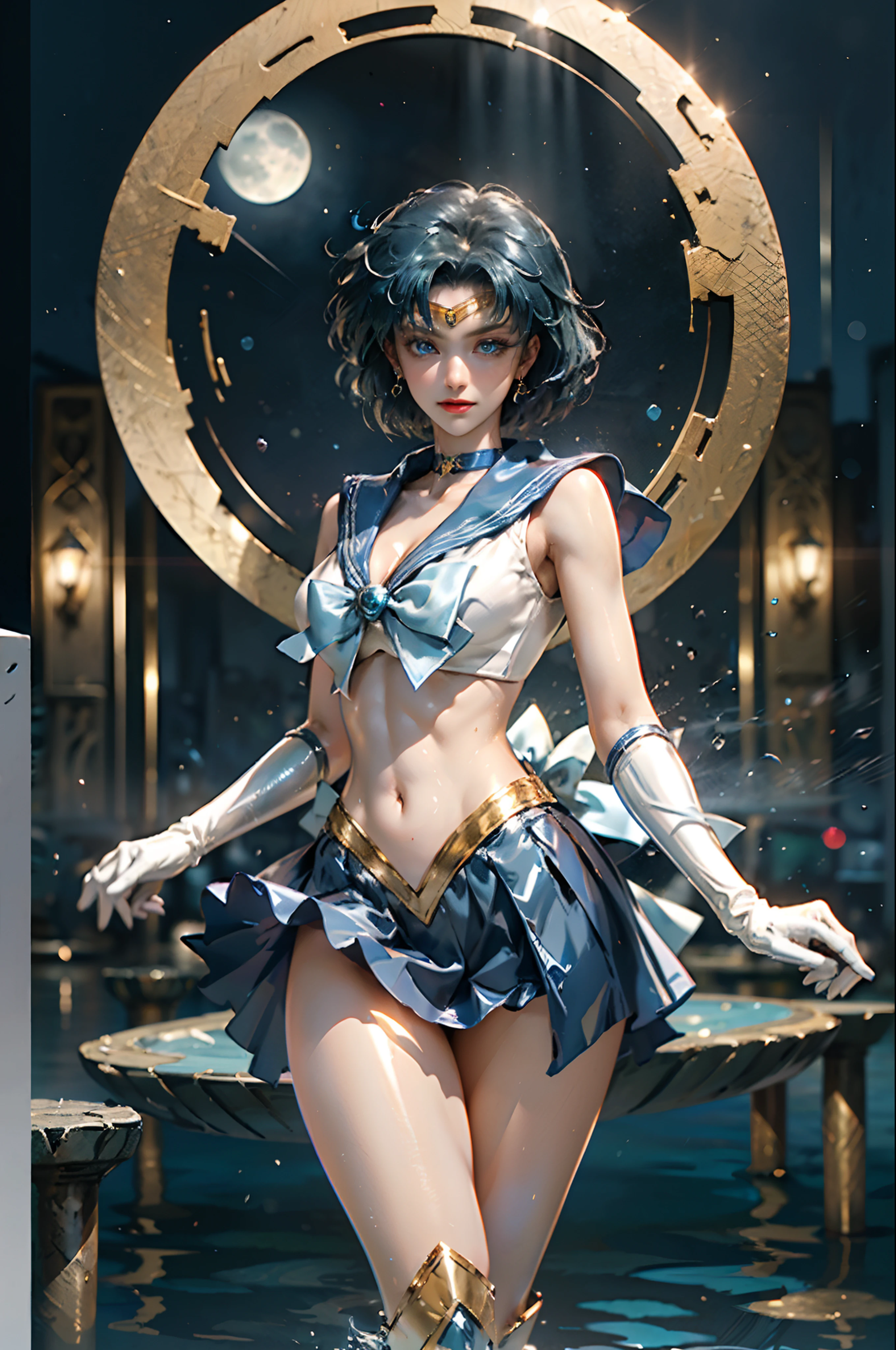 Full: 1.3, stand, masterpiece, 3D, realistic, ultra micro photo, top quality, ultra detailed CG Unity 8K wallpaper, (mer1, tiara, sailor senshi uniform, white gloves, blue sailor collar, blue skirt, sailor Senshi uniform: 1.2, sailor mercury: 1.3, meishaonv), from below, intricate details, (1 woman), 19 years old, Short hair, floating short blue hair: 1.2, obviously Sailor Senshi uniform, sexy pleated miniskirt of shiny blue color: 1.3, ((very large blue colored bow in the center of the chest: 1.3, golden tiara on the forehead: 1.2, blue gloves on the elbows: 1.2, bare upper arms: 1.1, long knee high boots in shiny blue enamel with luxurious gold decoration: 1.3, saturated wide blue collar, Saturated blue sailor color, long white latex gloves with luxurious gold decoration: 1.3, very large blue bow behind the waist: 1.1, blue choker, cleavage looks sexily boldly large: 0.6)), (very thin and fitting high-gloss white holographic leather: 1.3), bold and sexy slender high-leg gravette swimsuit, blue star-shaped piercings, parted bangs, ((seductive smile, very pretty face, face details: 1.5, bright blue colored eyes, beautiful face, beautiful eyes, shiny eyes, thin lips: 1.3, thin and sharp pale eyebrows, long dark eyelashes, double eyelashes)), luxurious golden jewelry, (combat stance), huge splashing wings, thin and muscular muscles, muscular abs, small face, huge chest, Perfect proportions, thin waist, sexy model pose, visible pores, perfect hands: 1.5, octane rendering, very dramatic image, strong natural light, sunlight, exquisite lighting and shadows, dynamic angle, DSLR harp, focus: 1.0, maximum clarity and sharpness, (water divinity: 1.1, splash space background, dynamic water background, water human: 1.2, water hair, water bubbles, dynamic frame, mercury, moonlight, moon, dynamic background, detail background)),(mecha musume)