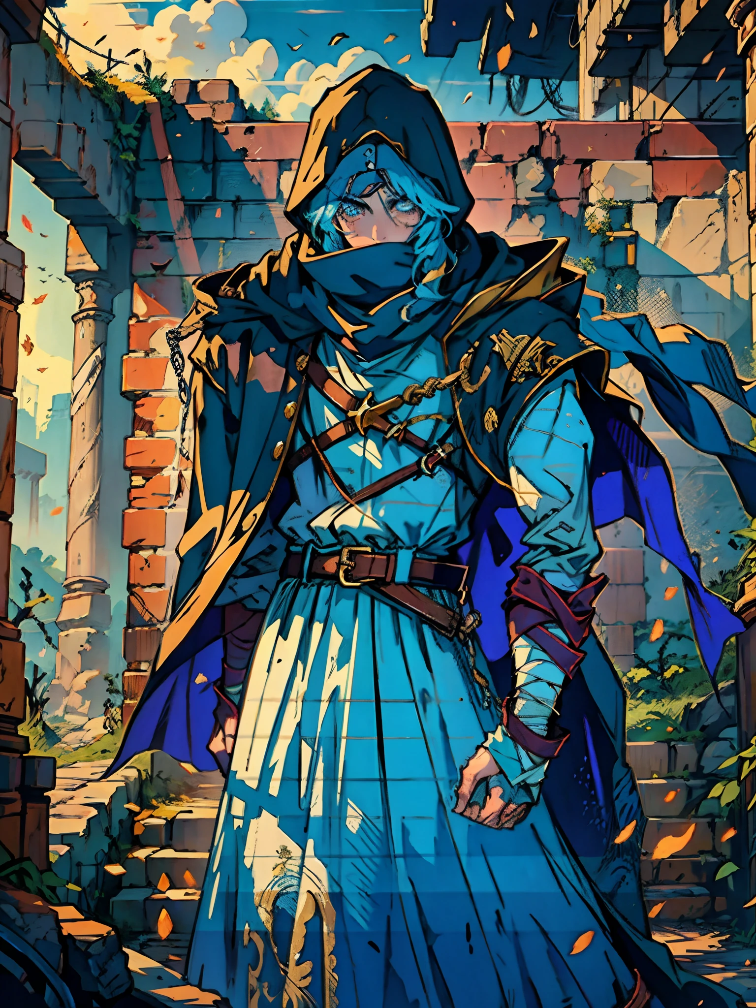 A man whose upper body is entirely bandaged, draped in a hooded cloak that conceals his face, revealing only his snakelike eyes, his waist is adorned with several coiled belts, he wears a long robe on his lower body, set against a backdrop of mysterious ancient ruins, an enigmatic atmosphere, this character embodies a finely crafted a fantasy-style wilderness design in anime style, characterized by a sophisticated and mature manga illustration art style, high definition, best quality, highres, ultra-detailed, ultra-fine painting, extremely delicate, professional, anatomically correct, symmetrical face, extremely detailed eyes and face, high quality eyes, creativity, RAW photo, UHD, 8k, Natural light, cinematic lighting, masterpiece:1.5