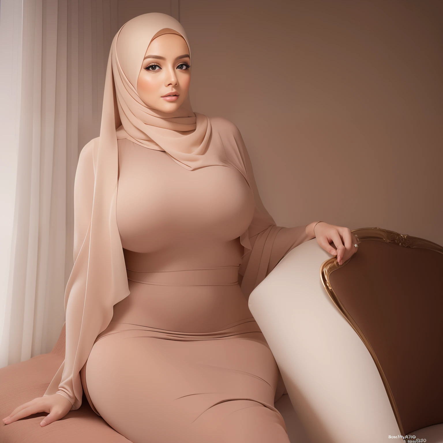 A busty white-skinned hijabis MILF in an attractive pose on a bed, with a perfect body shape and a slim waist. She is wearing tight clothes that accentuate her curves. Her huge size boobs and thick ass are prominently visible. The view shows her full body, highlighting her sensual and seductive posture.

Medium: Hyperrealistic digital illustration
Additional details: Soft lighting, a luxurious bedroom setting with elegant decor, silky smooth skin, long flowing hair, and a confident expression on her face.

Image quality: (best quality, 4k, highres, masterpiece:1.2), ultra-detailed, vivid colors, sharp focus, professional rendering, photorealistic.

Artistic style: Glamour photography, sensual art.

Color palette: A warm and inviting color scheme, with hints of gold and deep reds to enhance the luxurious atmosphere.

Lighting: Soft, diffused lighting that illuminates the subject, creating a gentle glow and highlighting her features.