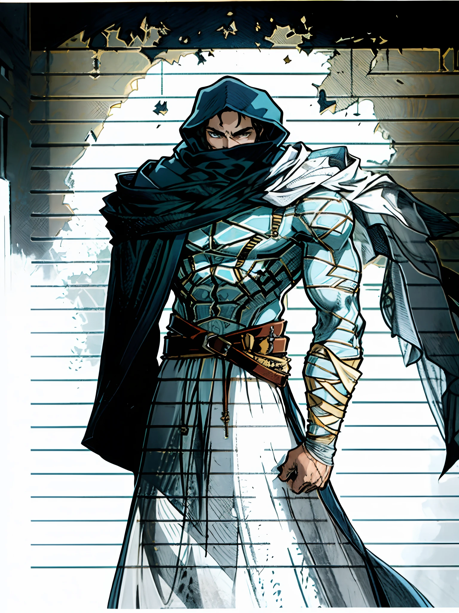 A man whose upper body is entirely bandaged, draped in a hooded cloak that conceals his face, revealing only his snakelike eyes, his waist is adorned with several coiled belts, he wears a long robe on his lower body, set against a backdrop of mysterious ancient ruins, an enigmatic atmosphere, this character embodies a finely crafted a fantasy-style wilderness design in anime style, characterized by a sophisticated and mature manga illustration art style, high definition, best quality, highres, ultra-detailed, ultra-fine painting, extremely delicate, professional, anatomically correct, symmetrical face, extremely detailed eyes and face, high quality eyes, creativity, RAW photo, UHD, 8k, Natural light, cinematic lighting, masterpiece:1.5