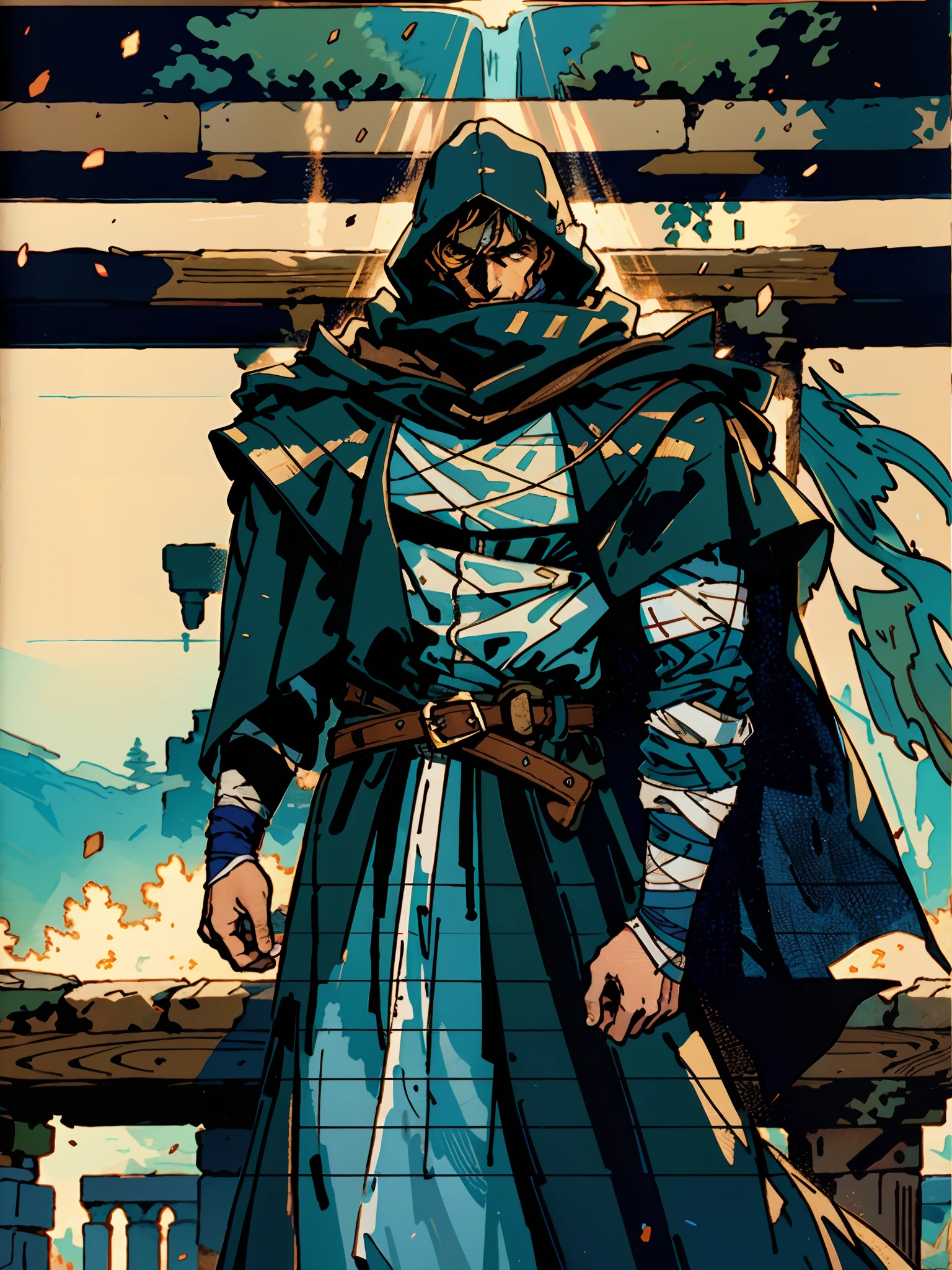 A man whose upper body is entirely bandaged, draped in a hooded cloak that conceals his face, revealing only his snakelike eyes, his waist is adorned with several coiled belts, he wears a long robe on his lower body, set against a backdrop of mysterious ancient ruins, an enigmatic atmosphere, this character embodies a finely crafted a fantasy-style wilderness design in anime style, characterized by a sophisticated and mature manga illustration art style, high definition, best quality, highres, ultra-detailed, ultra-fine painting, extremely delicate, professional, anatomically correct, symmetrical face, extremely detailed eyes and face, high quality eyes, creativity, RAW photo, UHD, 8k, Natural light, cinematic lighting, masterpiece:1.5