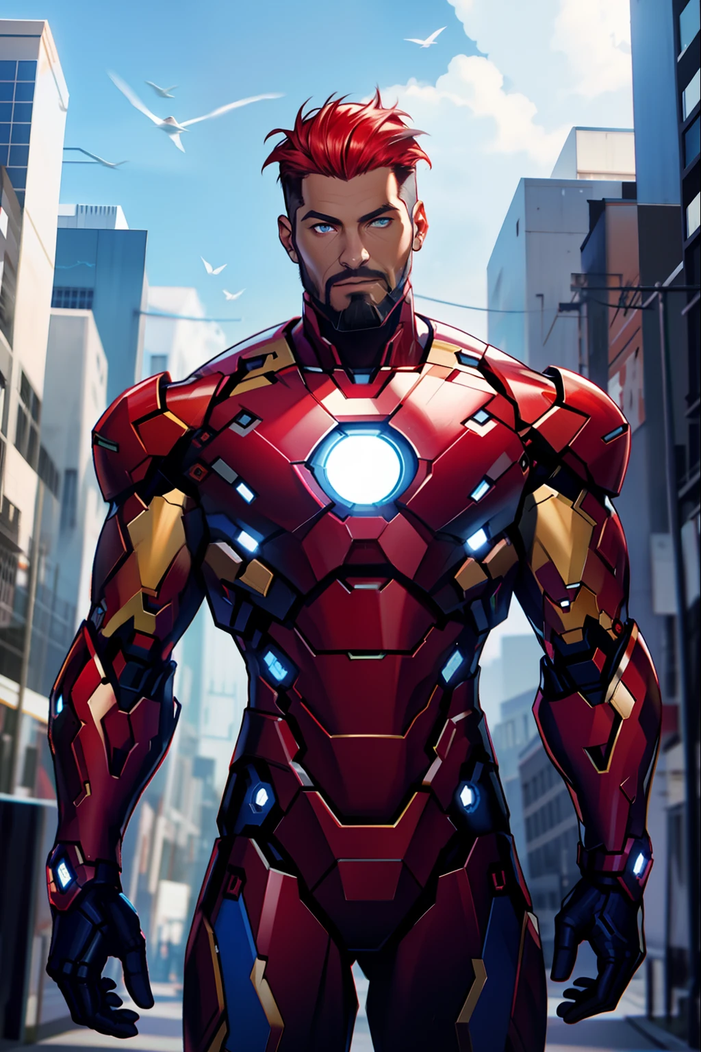 hyper details, hyper quality, ultra resolution, Marvel style, 8k, masterpiece, (1Man in Armor similar [iron man] color:(black with red accents):1.2), (blue eyes):1.2, (hair slicked back:1,2), (short hair color blue):1.2, beard short, (western appearance):1.2, perfect_anatomy, perfect_hands, perfect_suit, front_face:1.2, (destroyed city scenery),