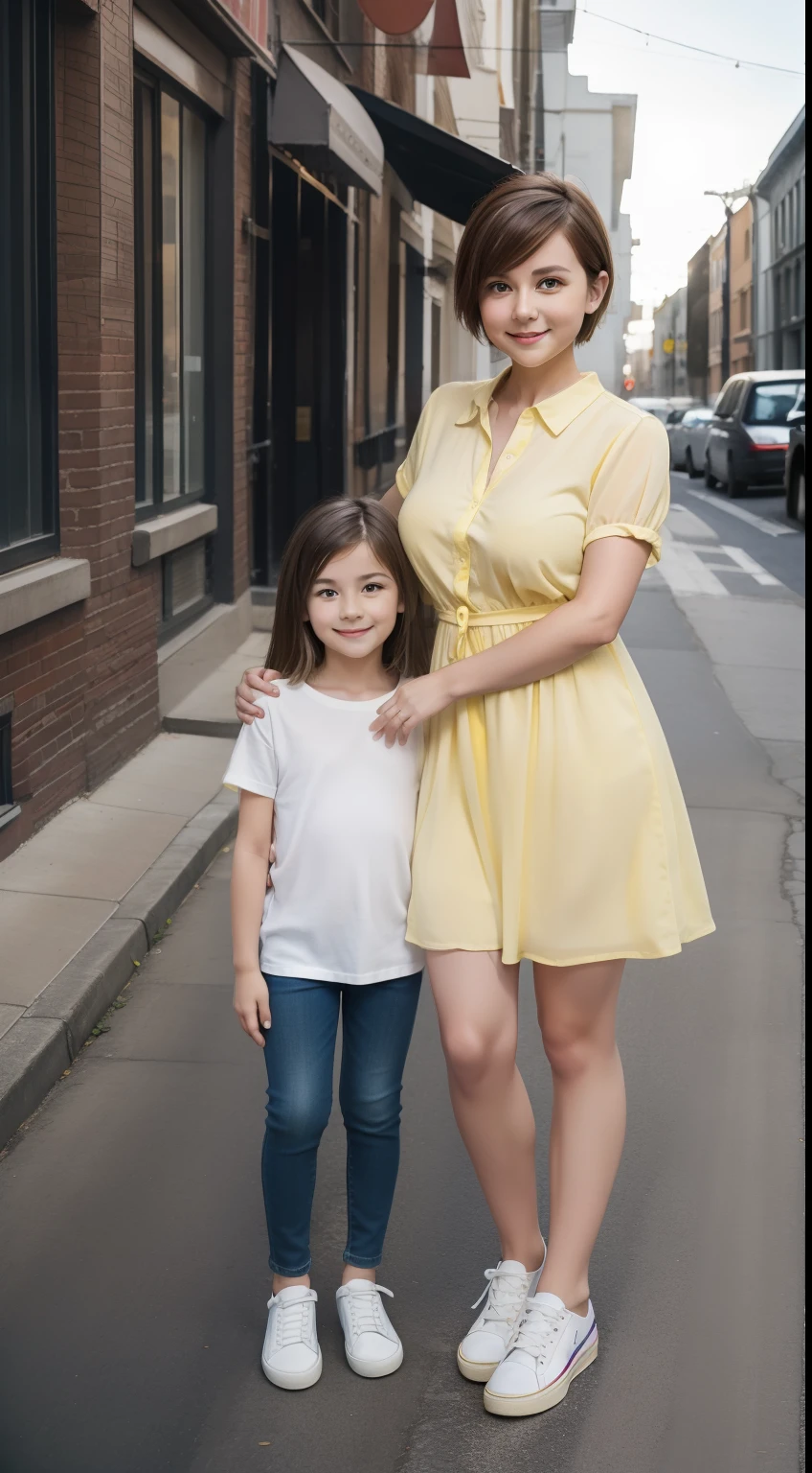 Raw pictures, 4k, very realistic, super realistic, super hi-res, high resolution, vibrant color, very detailed color, detailed tone, detailed composition, family photo, 2 person photo, two person photo, a mom huge her daughter, a russian mom (short pixie hair, white long shirt, short jeans, white sneaker) hugging a 5 daughter (medium hair, yellow dress, yellow shoes) full body photography, smile