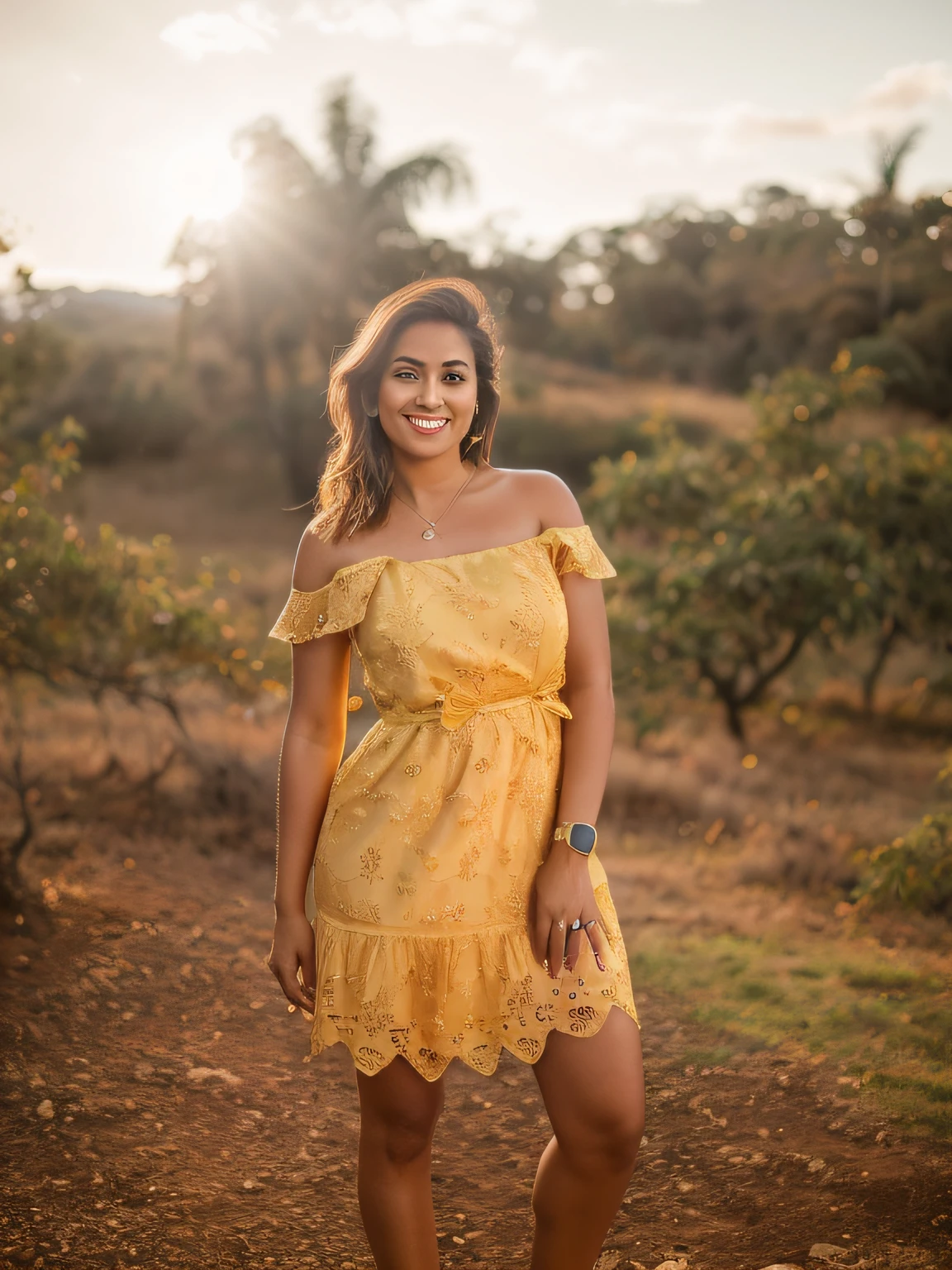 mulher em um vestido amarelo posando para uma foto, usando um vestido amarelo, Tiro na Hora de Ouro, na hora dourada, Tiro em Sony A 7 III, luz solar da hora dourada, Tiro na Nikon Z9, Durante a Hora Dourada, Na hora dourada, Hora de Ouro Brilhante, photo taken with Sony a7R camera, Tiro na Canon EOS R5