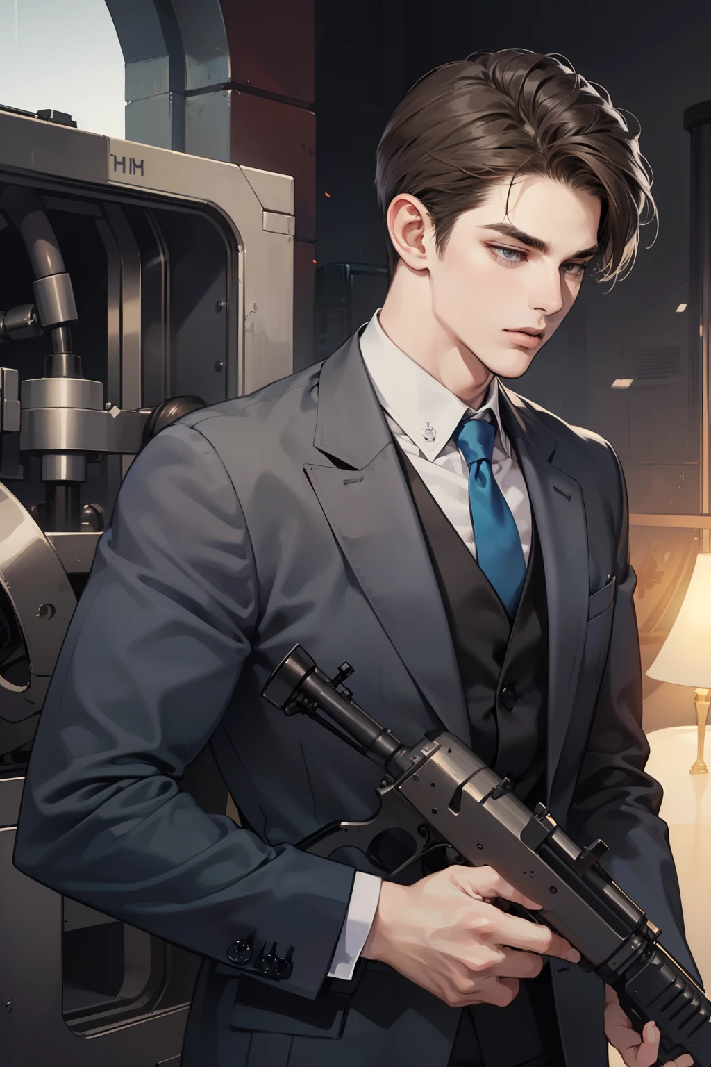 masterpiece, best quality, realistic, 1man, mature male, quiet and charming young man, 25 years old, close his eyes, serious, closed mouth, extremely detailed face, cold, ((dark grey eyes)), ((short-right-swept dark brown hair)), [thick eyebrows], mafia, ((black suit)), ((holding a machine gun)), accurate, detailed.