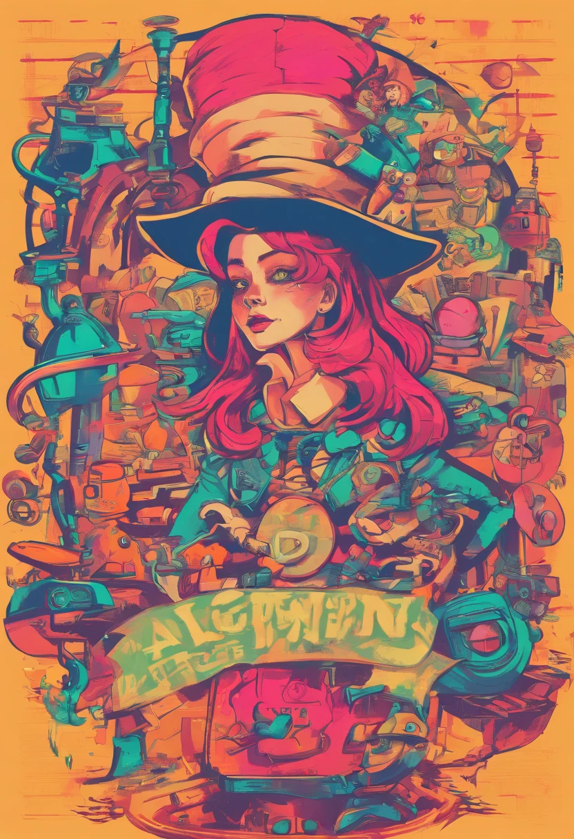 a bunch of cartoon characters with a sign, the theme of alice in wonderland, alice in wonderland style, alice in wonderland theme, like alice in wonderland, portrait of alice in wonderland, alice, alice in wonderland, alice attends mad tea party, alice in wonderland cyberpunk, by Alice Prin, alice in the wonderland, alice from alice in wonder land