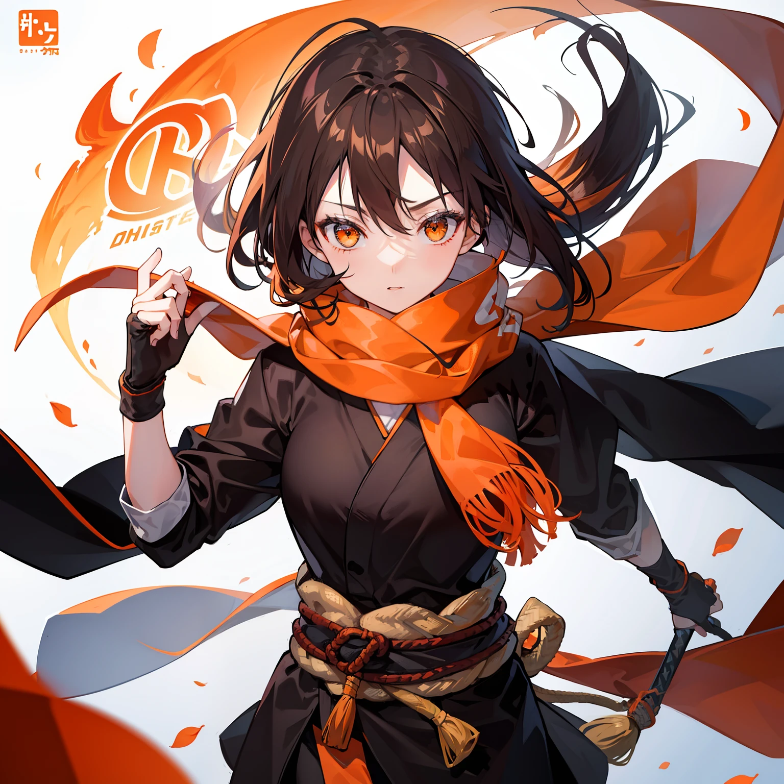 Large logo with the letter R、shinobi、One girl、Flowing in the wind、Orange Long Scarf、A dark-haired、Orange eyes