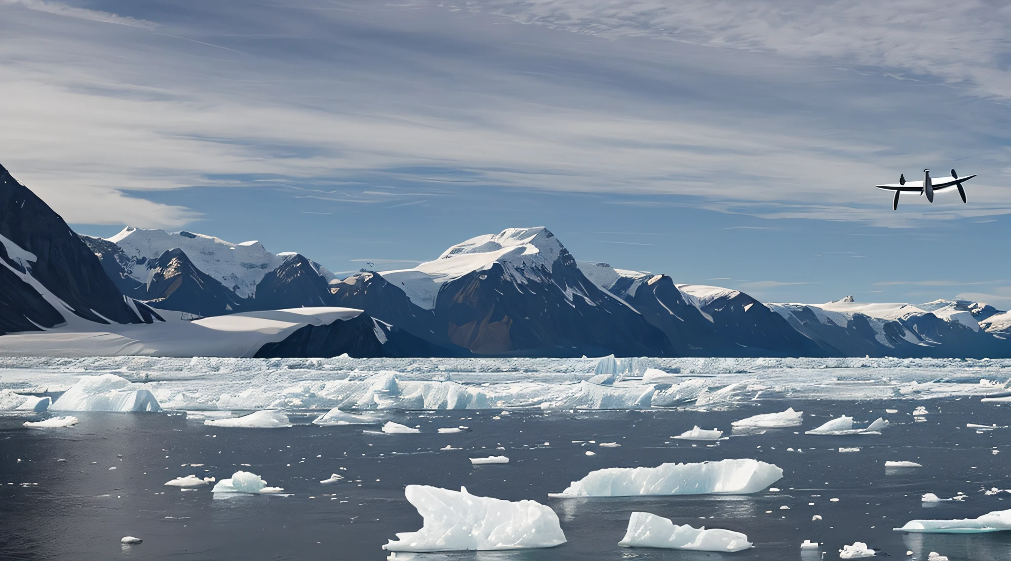 Create an image depicting circular aircraft flying above the Beardmore Glacier as seen by the naval engineer and his crew.