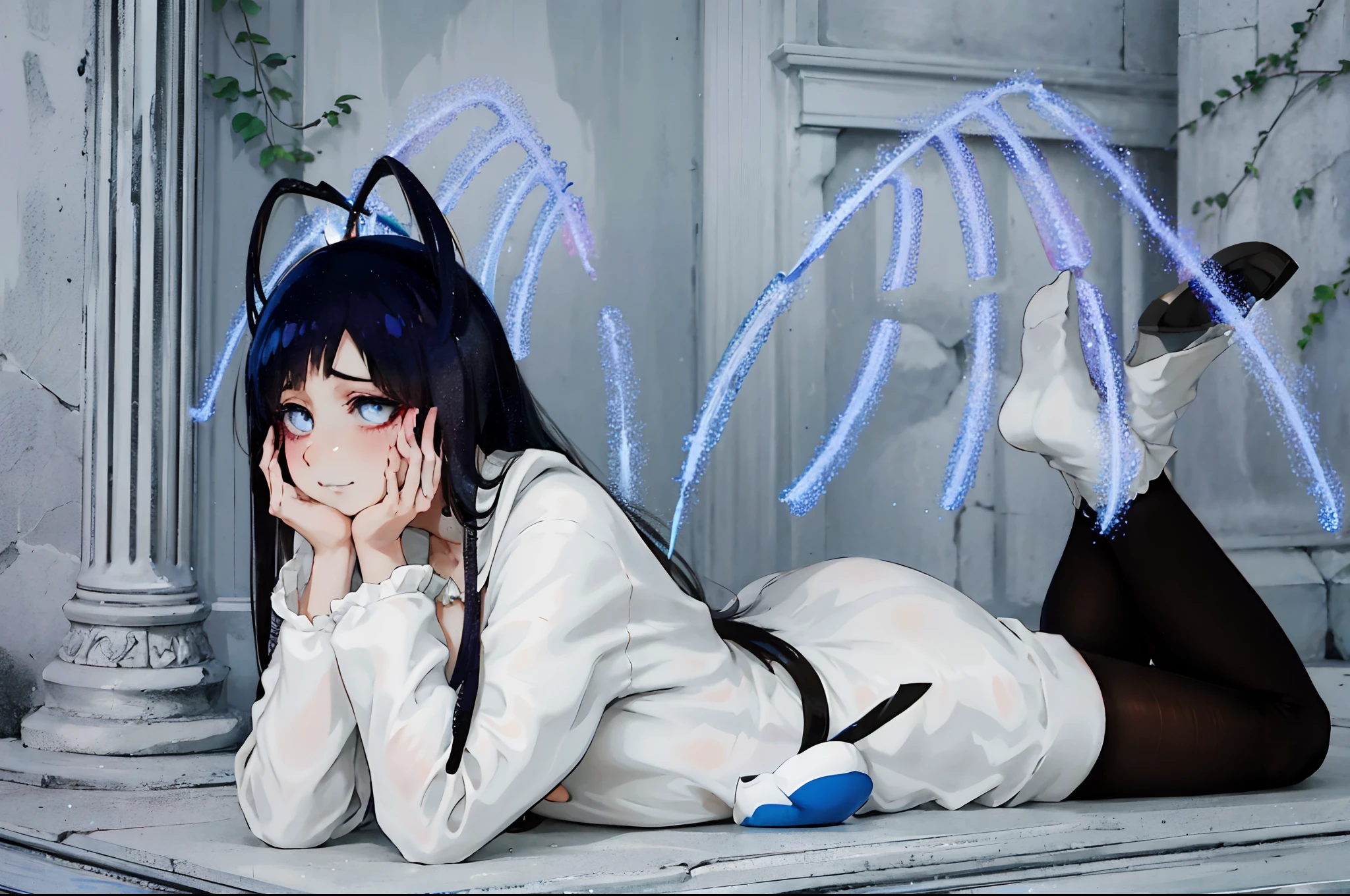 there is a woman laying on the floor with her head resting on her hands, albedo from overlord, mayuri shiina from steins gate, albedo from the anime overlord, anime cosplay, ahri from league of legends, anime girl cosplay, ahri, cosplay photo, albedo, cosplay, professional cosplay, inspired by Jin Homura