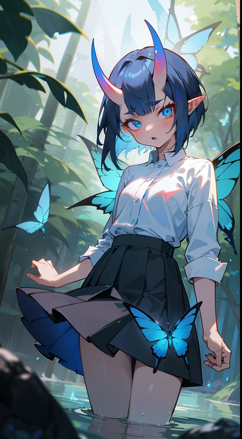 1oni girl,solo,serious face,white shirt,black skirt,blue hair, short hair,glowing blue eyes,elves ears,mature female,red oni horns,(((masterpiece,hd))),walking in the water in a forest,hundreds of blue luminous butterflys around,hidden arms,open mouth,colored sclera