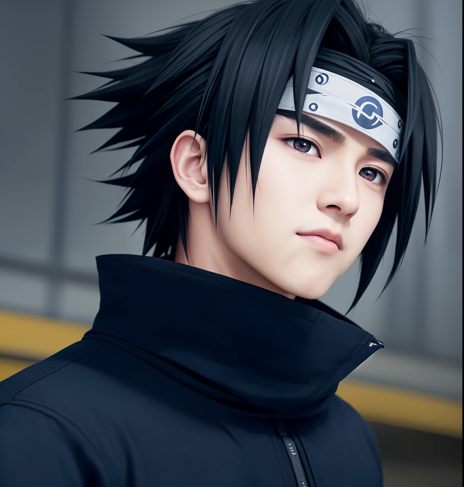 sasuke uchiha, 1boy, male_focus, solo, forehead_protector, black_eyes, black_hair, closed_mouth, upper_body, konohagakure_symbol, blurry, bangs, headband, spiked_hair, cinematic, dramatic lighting photography, national geographic, photo, photography, Stoic, cinematic, 4k, epic, detailed photograph, shot on kodak detailed, cinematic, dark moody, volumetric fog