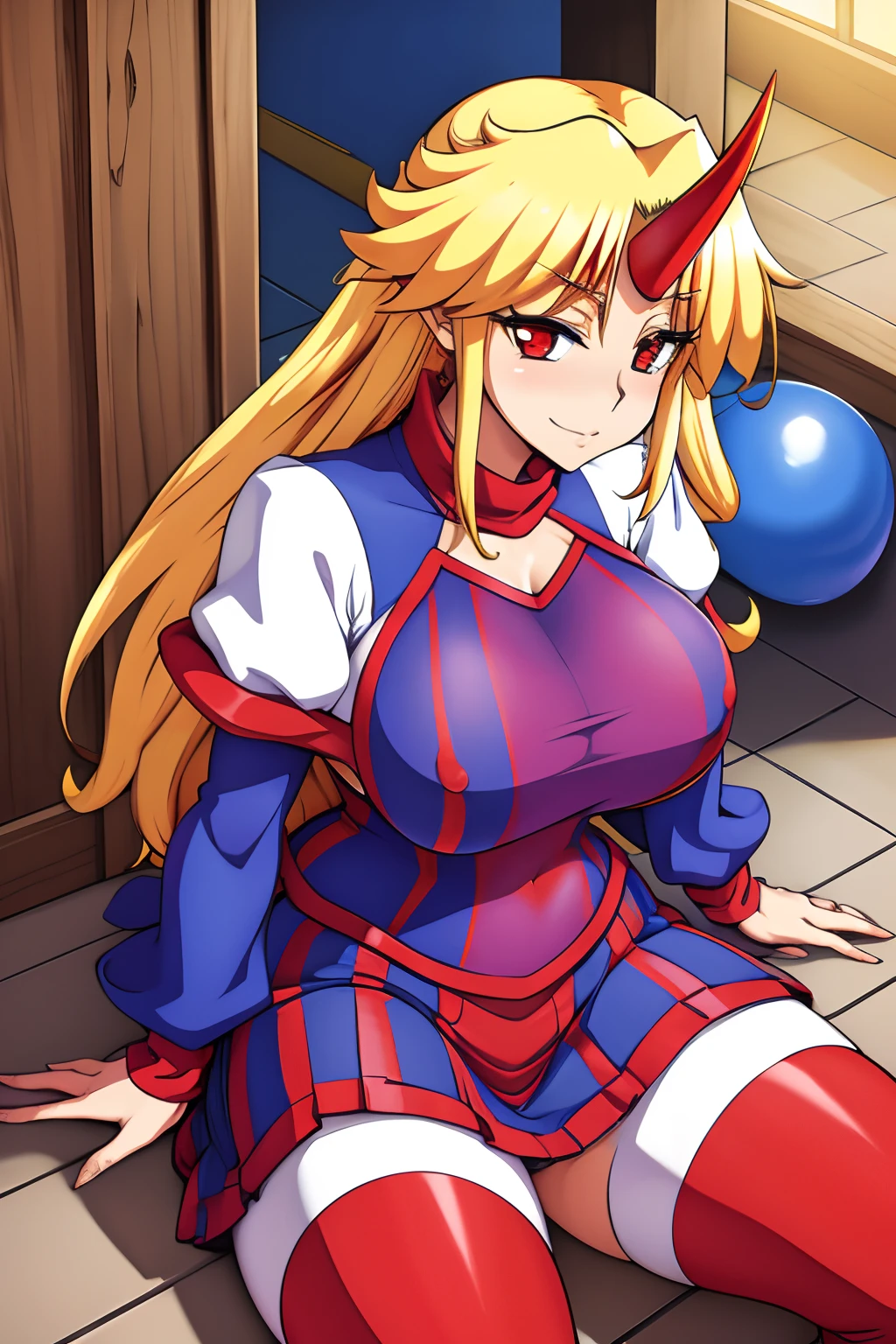 hoshiguma yuugi, big breast, large skirt, traditional german clothing, bloon hair, red eyes, single horn,oni, closed pullover,