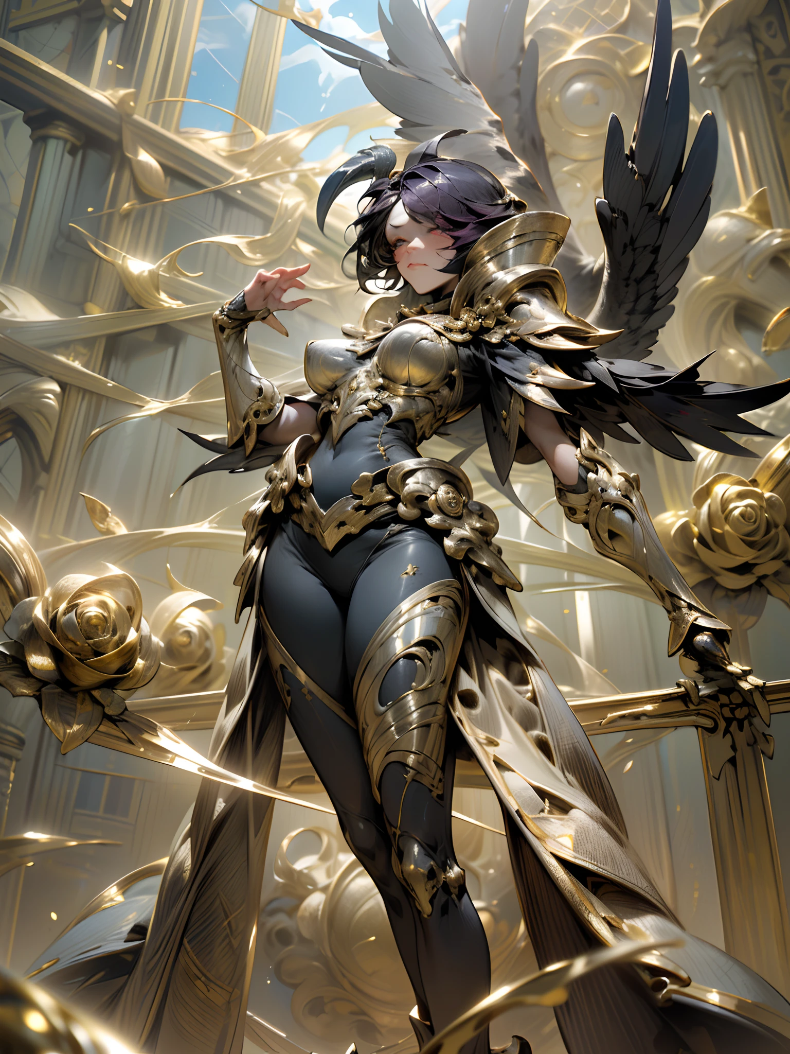 skeleton knight, greatsword, master piece, best quality, epic realistic, full body, (black_Marble), (Black Wing: 1.3), intricate details, intricate patterns, golden powder, floating (golden cloth), detailed texture, glass broken, Divine Light, (((raven)), Golden Rose, gold foil, motion blur, depth of field, hologram, (medium breasts: 1.3), (realism:1.5), (Realisitc:1.4), ( Absurdity:1.4), 8k, ultra-detailed, beautiful girl detailed, (1:1.4 only), 1girl, (Viewer facing:1.2), (bright sunny day:1.5), Intricate body details, (short:1.3) , (best quality: 1.0), (Ultra Highres): 1.0), highly detailed face and eyes, (photorealistic: 1.2)