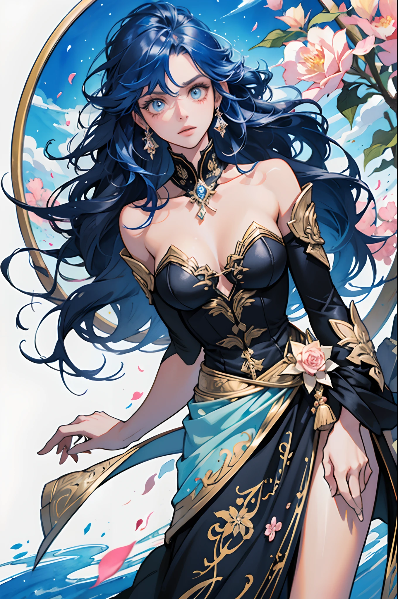 tide play,luxray, split color hair, wind, flying petals, stainedglassai, ornamental, intricate details, dufkova, 2d, lineart, watercolor, ink watercolor, random color hair, super long hair, wavy, 1girl,alraune,flower, alraune,