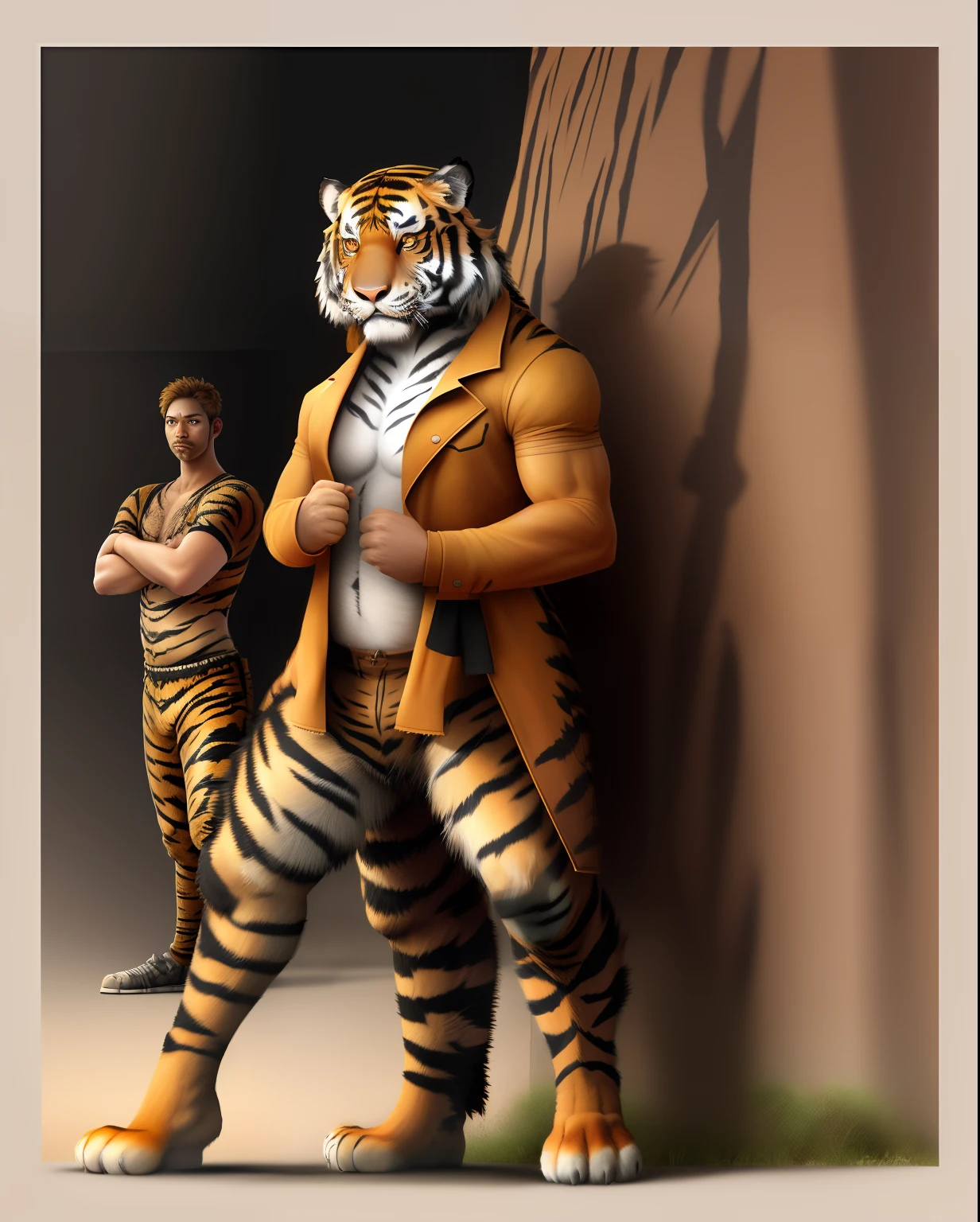 A tiger is standing next to me, realistic, male, full hd