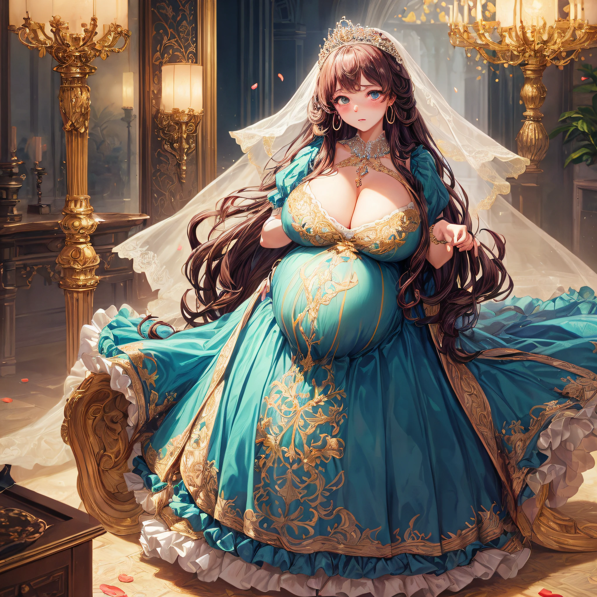 (masterpiece, best quality,extremely detailed:1.1),(moe anime art style:1.2),1girl,((full body,focus face)),((solo)), cute, kawaii,digital art,((1 bling-bling pregnant princess wearing beautiful embroidery and jeweled gorgeous rococo ballgown with jeweled voluminous full length hoop skirt)),(((heavily pregnant))),very big pregnant belly,((crinoline)),long train,voluminous frills,See-through,(gorgeous embroidery and beautiful lace),((very gigantic boobs,skindentation)),cleavage,shiny hair,(((very long hair))),((embarrassed)),anguish,((finely detailed face and eyes)),clear pupil,extremely gorgeousfull hair ornament,(bling-bling jeweled extremely gorgeousfull tiara),(bling-bling gorgeous gemstone jewelry),long veil,beautiful background,fantasy background,flowers,flower petals flowing,full body,((beautiful embroidery and jeweled ruffled gorgeous rococo ballgown with voluminous full length hoop skirt))