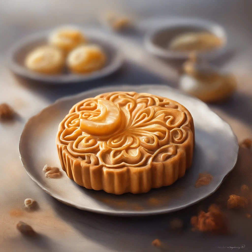 A plate of moon cake on a round paper tube, Ein Mond in Form eines Buchstabens, Sternennacht, Dichter Nebel am Boden, Blaues Licht am Horizont, Unreal Engine 5, filmisch, Fotografie mit niedrigem Winkel, motion blur, Depth of field,, Hyper-detailliert, beautiful, Wahnsinnige Details, Komplizierte Details, Redaktionelle Fotografie, Aufnahme mit einem 50-mm-Objektiv, Depth of field, Tilt Blur, Verschlusszeit 1/1000, f/22. Lightmaps, Super hell