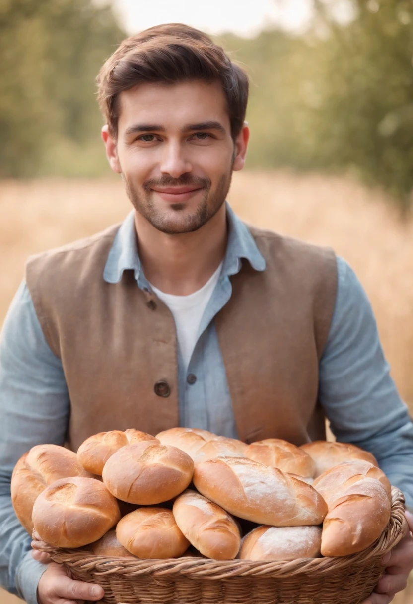 Man holding some bread in basket presenting something