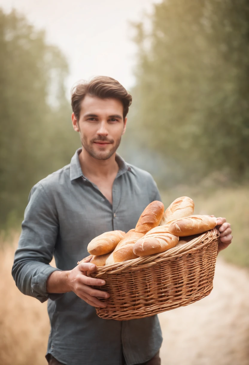 Man holding some bread in basket presenting something