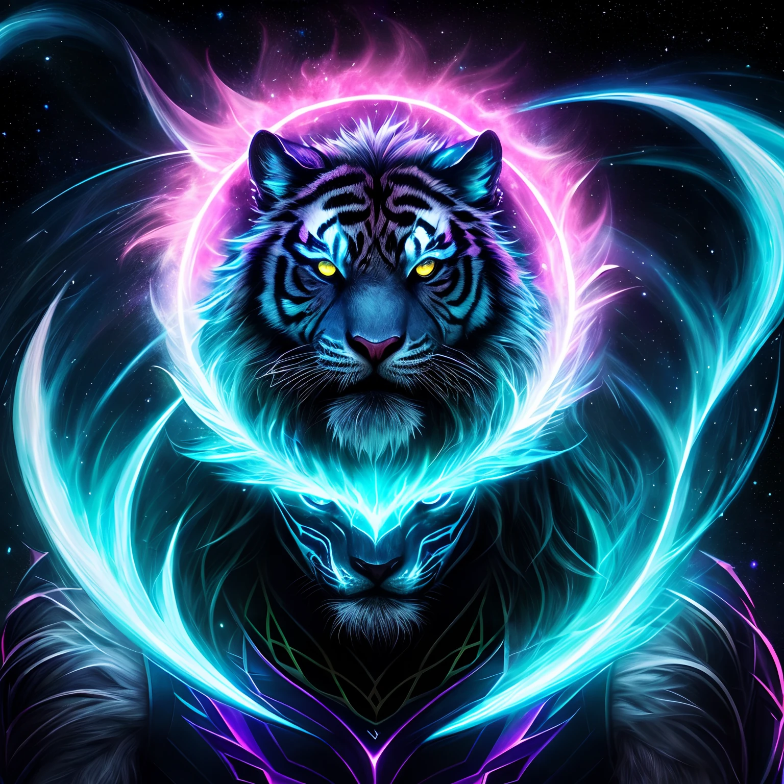 knollingcase, a solo full body were-tiger/man[buff, muscular, (pink and teal striped)], (((vibrant, photo realistic, realistic, dramatic, sharp focus, 8k))). In the vibrant glow of the cosmos, a young furry with an ethereal and devilish demeanor emerges, his features bathed in the lunar glow. His fur, pink and teal striped, reflecting like a mirror, the starlit night. Within his captivating gaze, galaxies swirl, vibrant hues of cosmic dust and celestial wonders painting a mesmerizing tapestry in shades of blue. Adorning his maw, ferociously caging, are a pair of sabertooth fangs, a sharp addition that adds a feral touch to his captivating gaze. His presence evokes a sense of pride, drawing the viewer into a realm where darkness and beauty intertwine. As his presence commands attention, the enigmatic allure of this captivating figure captivates the imagination, inviting contemplation of the hidden depths that lie beneath his captivating gaze.
