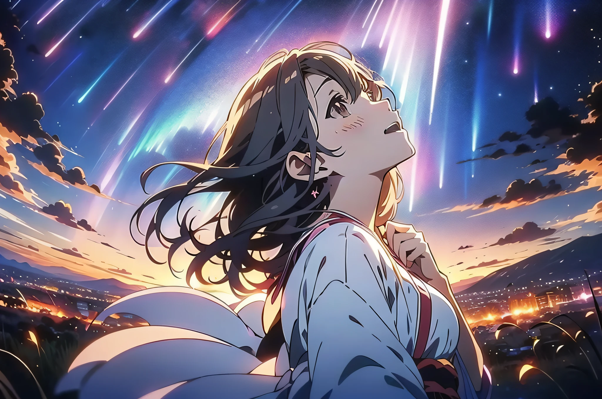 in 8K、top-quality、masterpiece、ultra-detailliert、Ultra-high resolution、(((Anime style)))、1 woman、robe blanche、A dark-haired、Night sky on background、Aurora、look up to