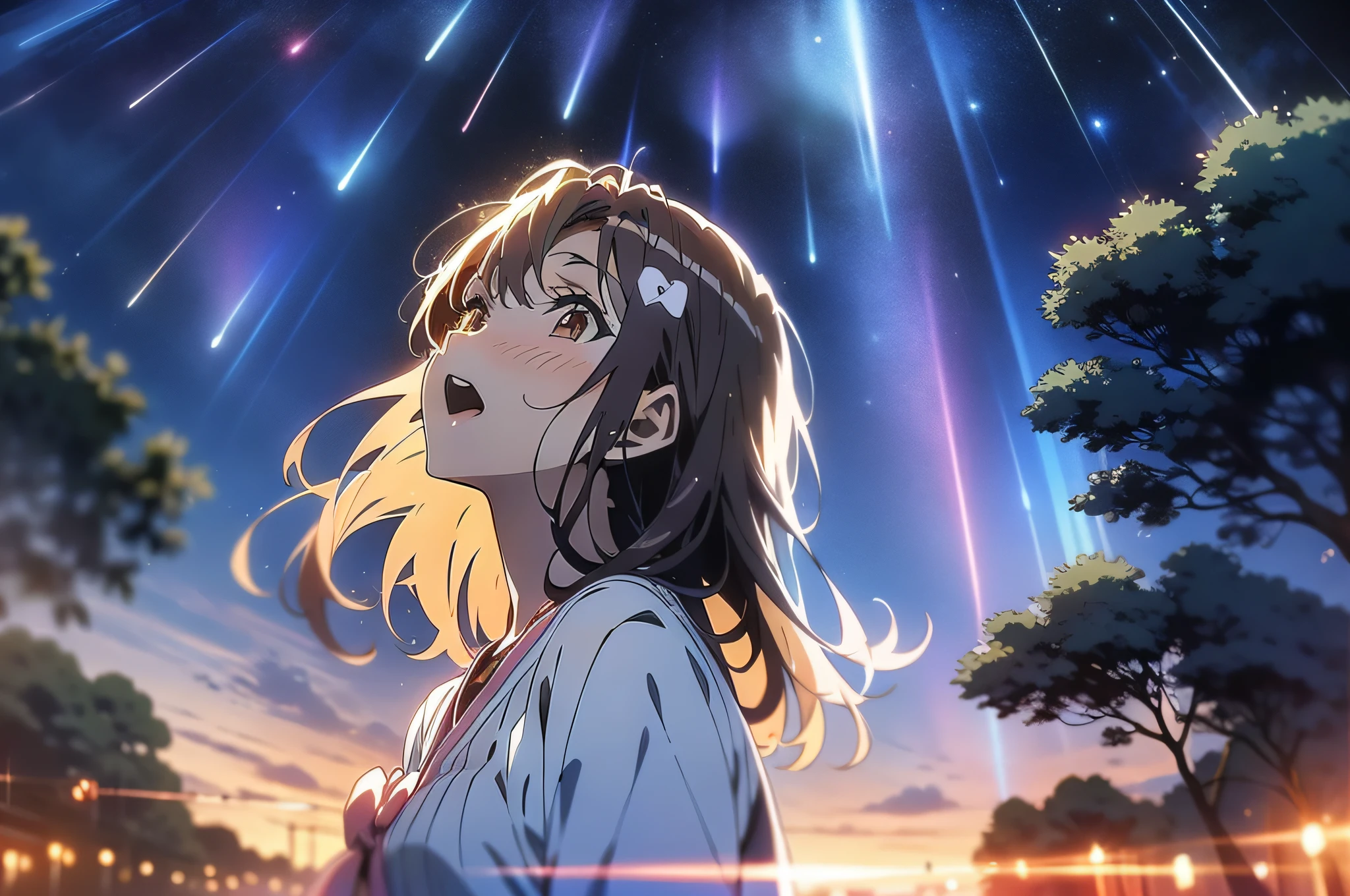in 8K、top-quality、masterpiece、ultra-detailliert、Ultra-high resolution、(((Anime style)))、1 woman、robe blanche、A dark-haired、Night sky on background、Aurora、look up to