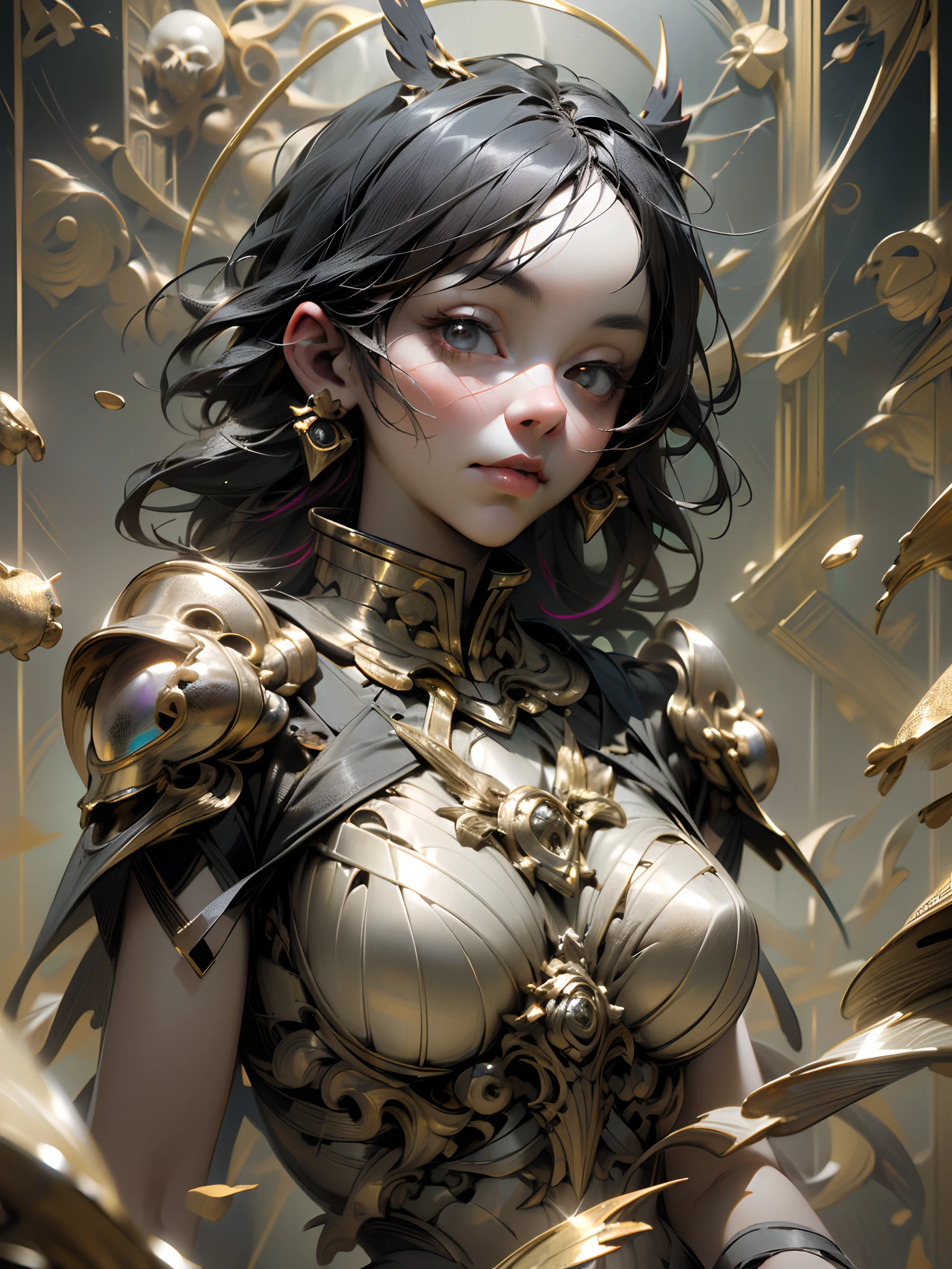 skeleton knight, greatsword, master piece, best quality, realistic epic, (black_Marble), (Blackwing: 1.3), intricate details, intricate patterns, golden dust, floating (golden cloth), detailed texture, broken glass, Light Divine, (((raven)), Golden Rose, gold foil, motion blur, depth of field, hologram, (medium breasts: 1.3), (realism:1.5), (Realisitc:1.4), (Absurdity:1.4 ), 8k, ultra-detailed, beautiful girl detailed, (only 1:1.4), 1girl, (Viewer facing:1.2), (bright sunny day: 1.5), Intricate body details, (short:1.3), (best quality: 1.0), (Ultra Highres) : 1.0), highly detailed face and eyes, (photorealistic: 1.2)