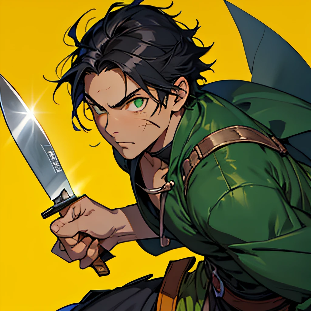 fantasy anime young poor boy thief, close-cropped black hairs, green eyes, extremely detailed eyes and face, attacking pose, only one scar on the face, grip a knife, yellow background, anime style, medieval, worn clothes, very short hairs, only one scar, one scar only, only one knife, one knife only