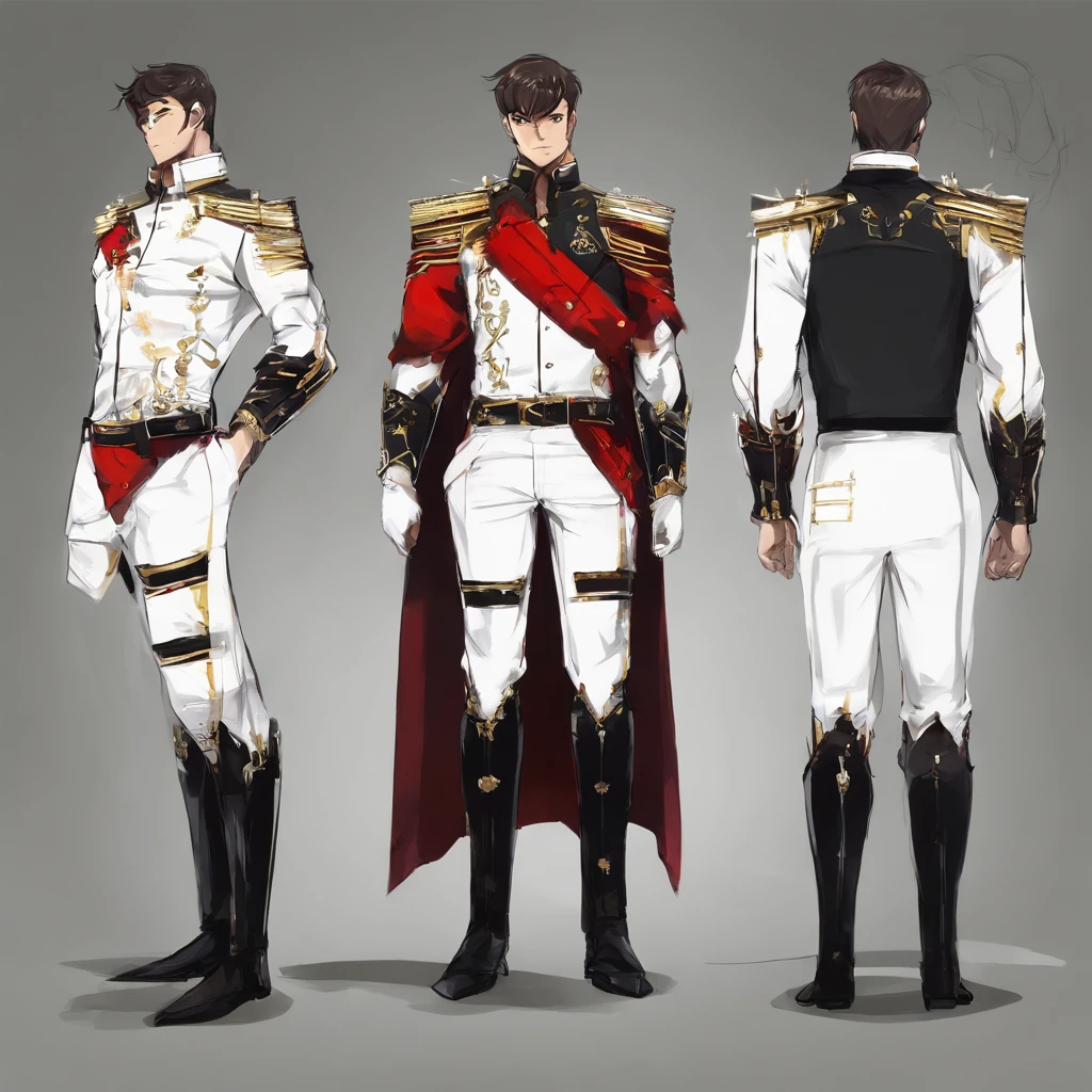 dark male wearing his college uniform in a rather sloppy manner. His apparel consists of a black, unzipped blazer with gold rims on the lapels, collar and pockets. He has a small belt with a golden buckle each wrapped around the sleeves of the blazer and the right arm is embellished with the emblem of an hawk. He wears two more normal sized belts around his waist, the top one is done up but not buckled while the bottom one hangs loosely.

Underneath his uniform, he wears a white, long sleeved polo shirt with the topmost button undone, revealing a red shirt underneath. he loosely wears a red tie with two black and red stripes on the back of it. His legwear consists of black pants with two zippers going up to below the knee and black, leather shoes with a gold stripe going across the front.