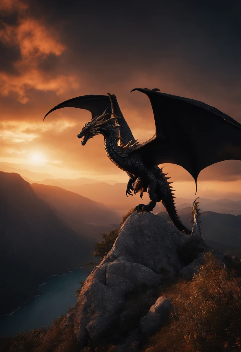 melhor qualidade,4k,8k,Altas,master part:1.2,ultra-detalhado,Realistic:1.37,Dragoned,black and golden dragon,montanha,black and red sky,fantasia,illustration,Escalas detalhadas,Garras afiadas,olhos de fogo,menacingly,mytical creature,asas grandes,steep cliffs,atmosfera sinistra,vivid colors,raios de sol,epic scenery,dramatic lighting,Contraste,sombra e destaques,detalhes dourados brilhantes,dynamic pose,regal presence,Inspirador,paisagem altamente detalhada,feroz,comportamento imponente,majestoso
