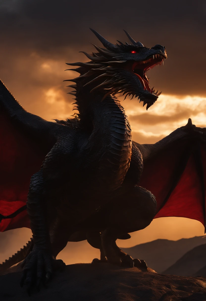 melhor qualidade,4k,8k,Altas,master part:1.2,ultra-detalhado,Realistic:1.37,Dragoned,black and golden dragon,montanha,black and red sky,fantasia,illustration,Escalas detalhadas,Garras afiadas,olhos de fogo,menacingly,mytical creature,asas grandes,steep cliffs,atmosfera sinistra,vivid colors,raios de sol,epic scenery,dramatic lighting,Contraste,sombra e destaques,detalhes dourados brilhantes,dynamic pose,regal presence,Inspirador,paisagem altamente detalhada,feroz,comportamento imponente,majestoso