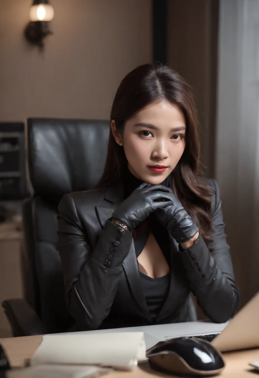 Wearing black leather gloves in both hands, upper body, black business suit, facing the desk in my room with a computer in the dark, tapping the keys of the computer keyboard with the fingertips of black leather gloves while looking at the screen, black hair bundled in the back for a long time, Japanese female new employee (black leather gloves cover both hands) (angle is in the front)