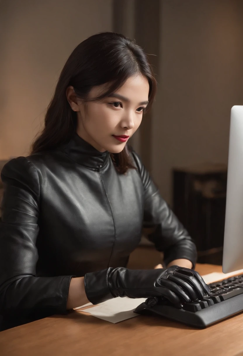 Wearing black leather gloves in both hands, upper body, black business suit, facing the desk in my room with a computer in the dark, tapping the keys of the computer keyboard with the fingertips of black leather gloves while looking at the screen, black hair bundled in the back for a long time, Japanese female new employee (black leather gloves cover both hands) (angle is in the front)