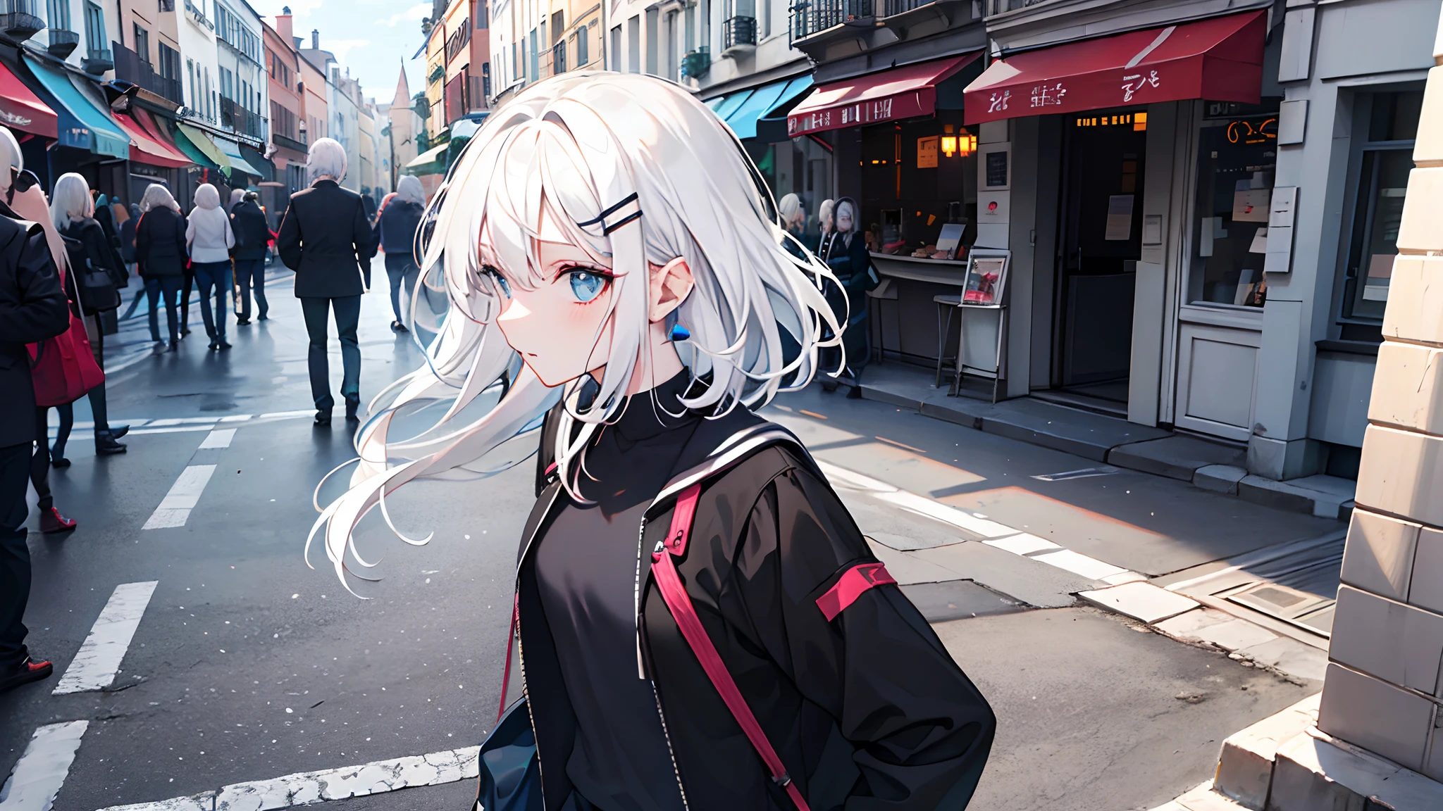 white  hair,bobhair,Black clothe,female pervert,Light blue eyes,hair pin,street