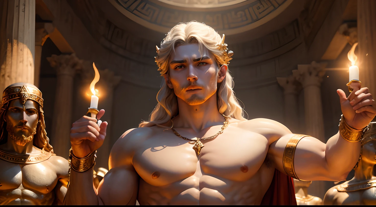 Imagine a scene in an ancient world where greek gods manifest their presence, and humans are depicted as their devoted subjects, with vivid details and rich symbolism.