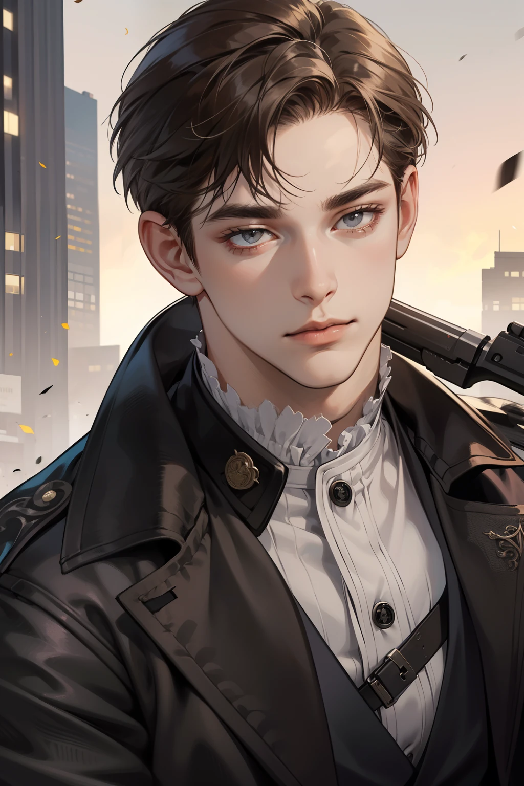 masterpiece, best quality, realistic, 1man, mature male, quiet and charming young man, 25 years old, close his eyes, serious, closed mouth, extremely detailed face, cold, ((dark grey eyes)), ((short-right-swept dark brown hair)), [thick eyebrows], Victorian era, ((holding a gun)), accurate, detailed, ((city))