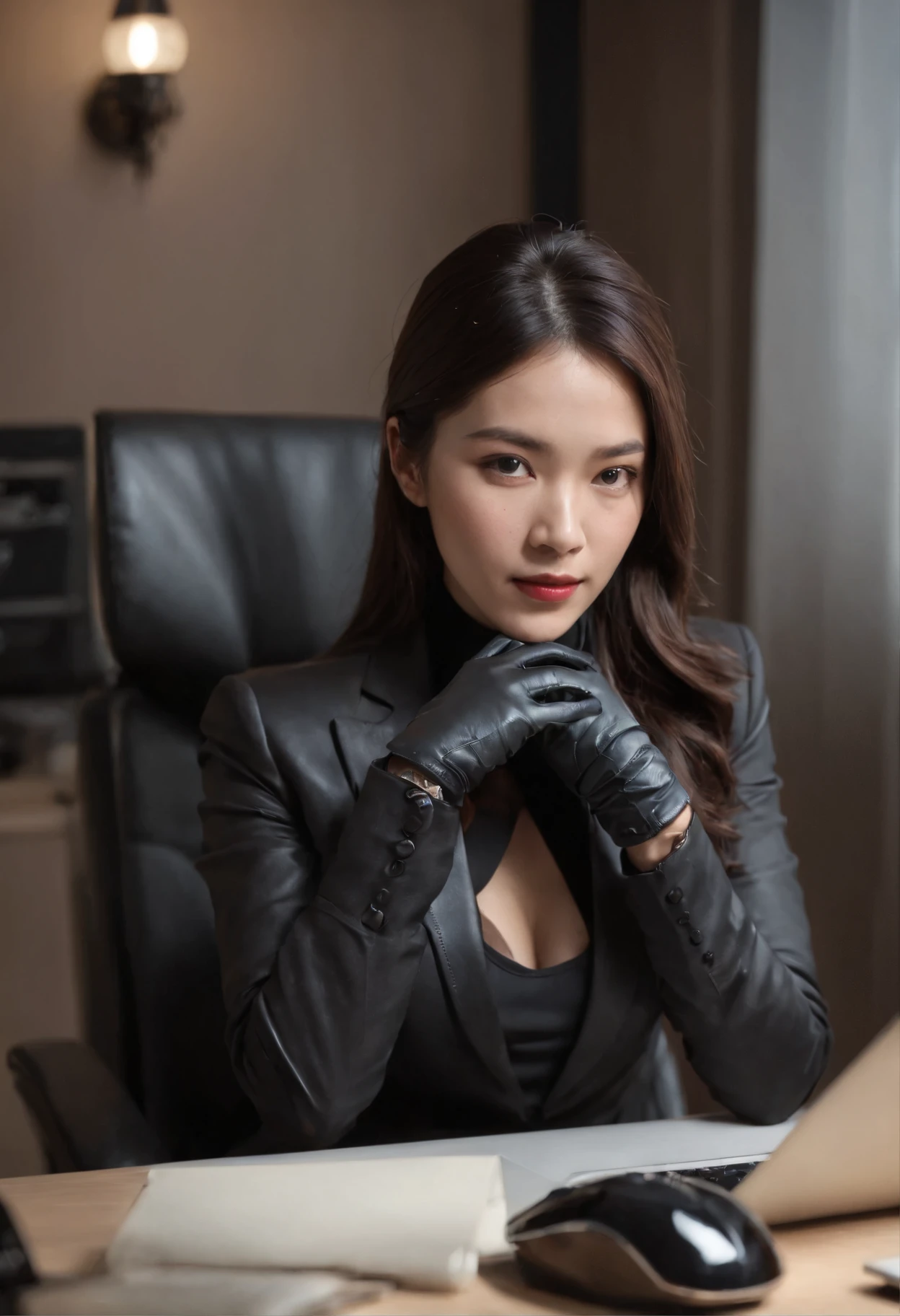 Wearing black leather gloves in both hands, upper body, black business suit, facing the desk in my room with a computer in the dark, tapping the keys of the computer keyboard with the fingertips of black leather gloves while looking at the screen, black hair bundled in the back for a long time, Japanese female new employee (black leather gloves cover both hands) (angle is in the front)