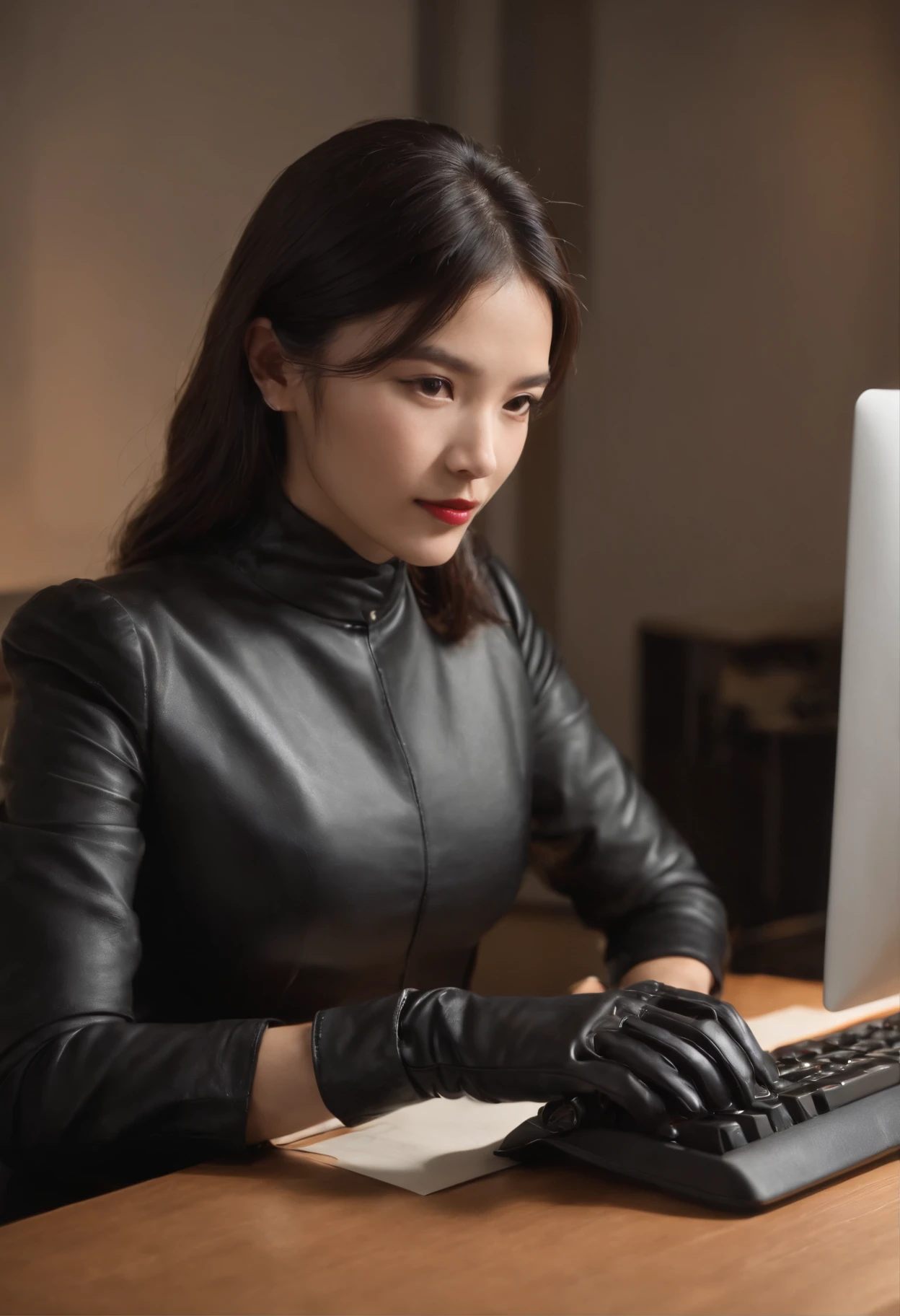 Wearing black leather gloves in both hands, upper body, black business suit, facing the desk in my room with a computer in the dark, tapping the keys of the computer keyboard with the fingertips of black leather gloves while looking at the screen, black hair bundled in the back for a long time, Japanese female new employee (black leather gloves cover both hands) (angle is in the front)