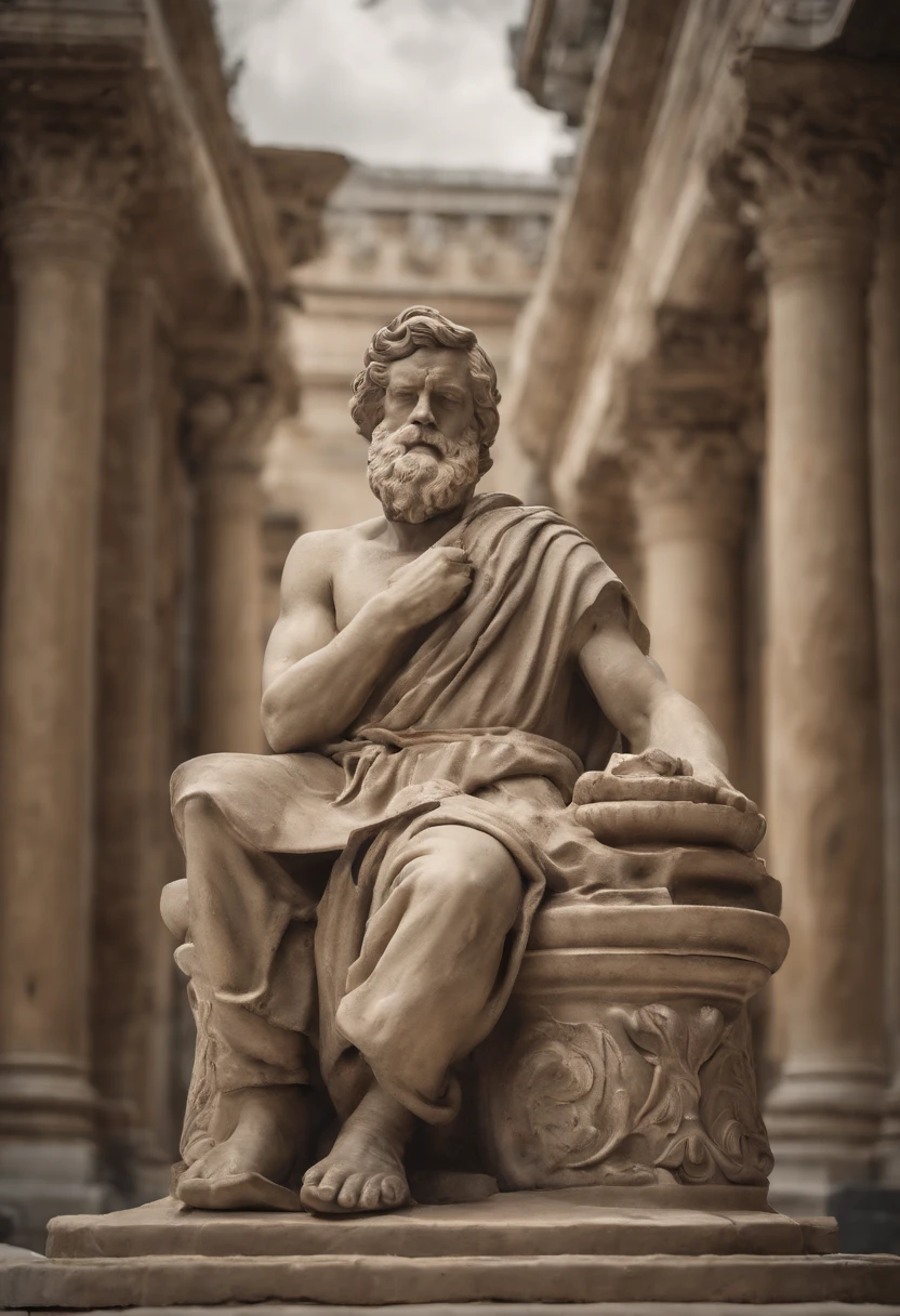 a statue of a man sitting on a throne wearing glasses reading a book with his hand on his chin with a temple background, Stoicism, philosopher, Stoic Pose, Greek