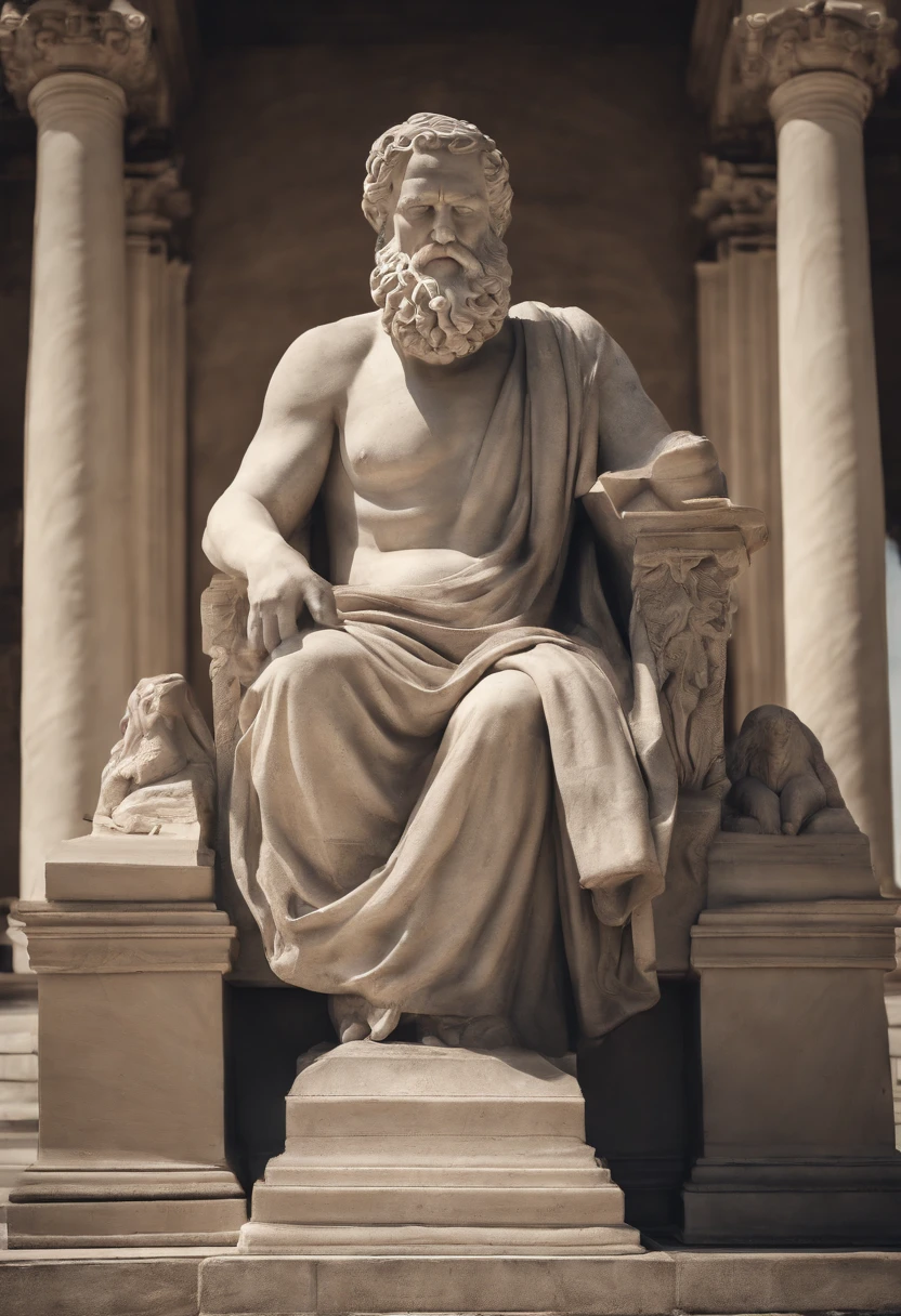a statue of a man sitting on a throne wearing glasses reading a book with his hand on his chin with a temple background, Stoicism, philosopher, Stoic Pose, Greek