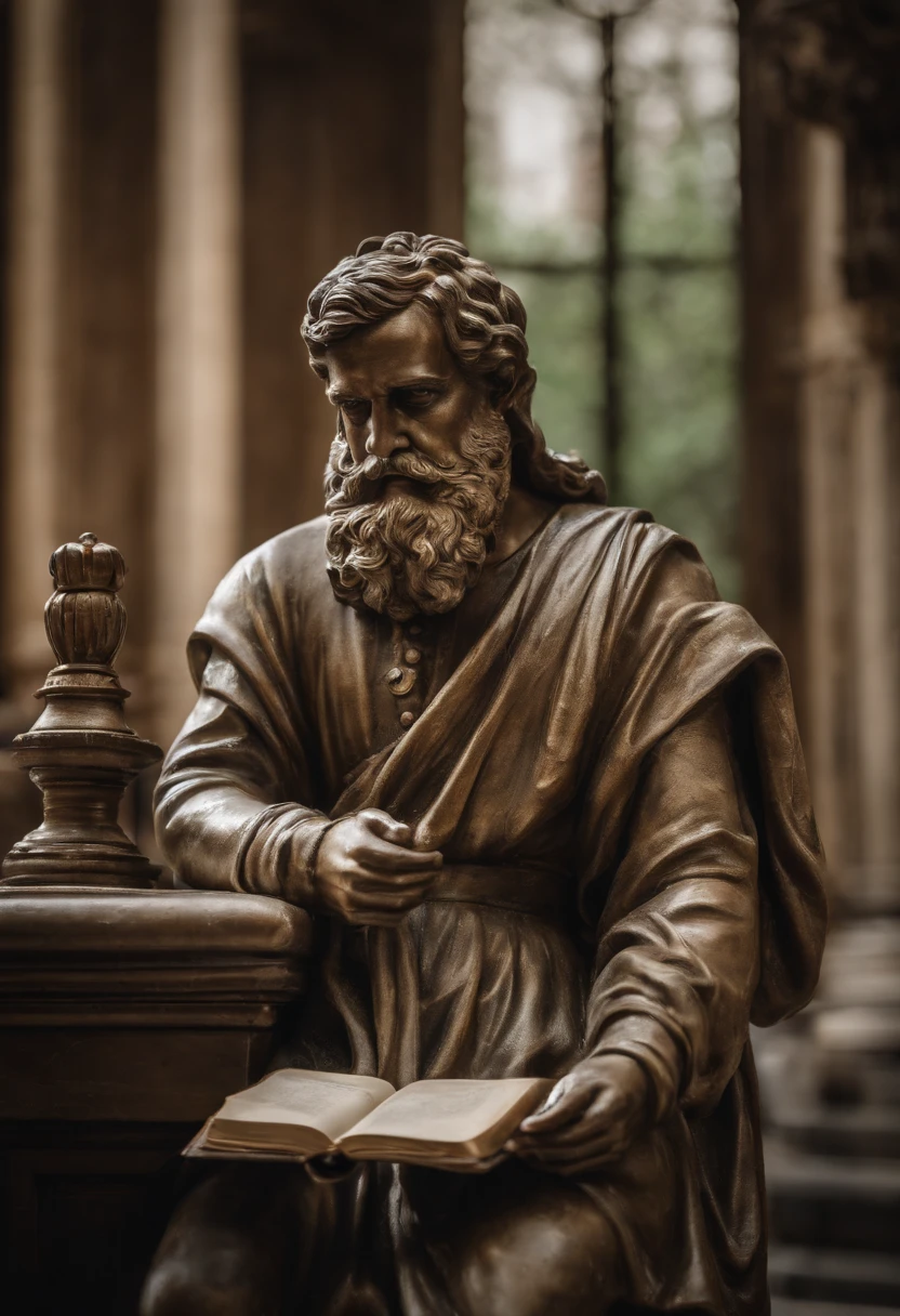 a statue of a man sitting on a throne wearing glasses reading a book with his hand on his chin with a temple background, Stoicism, philosopher, Stoic Pose, Greek