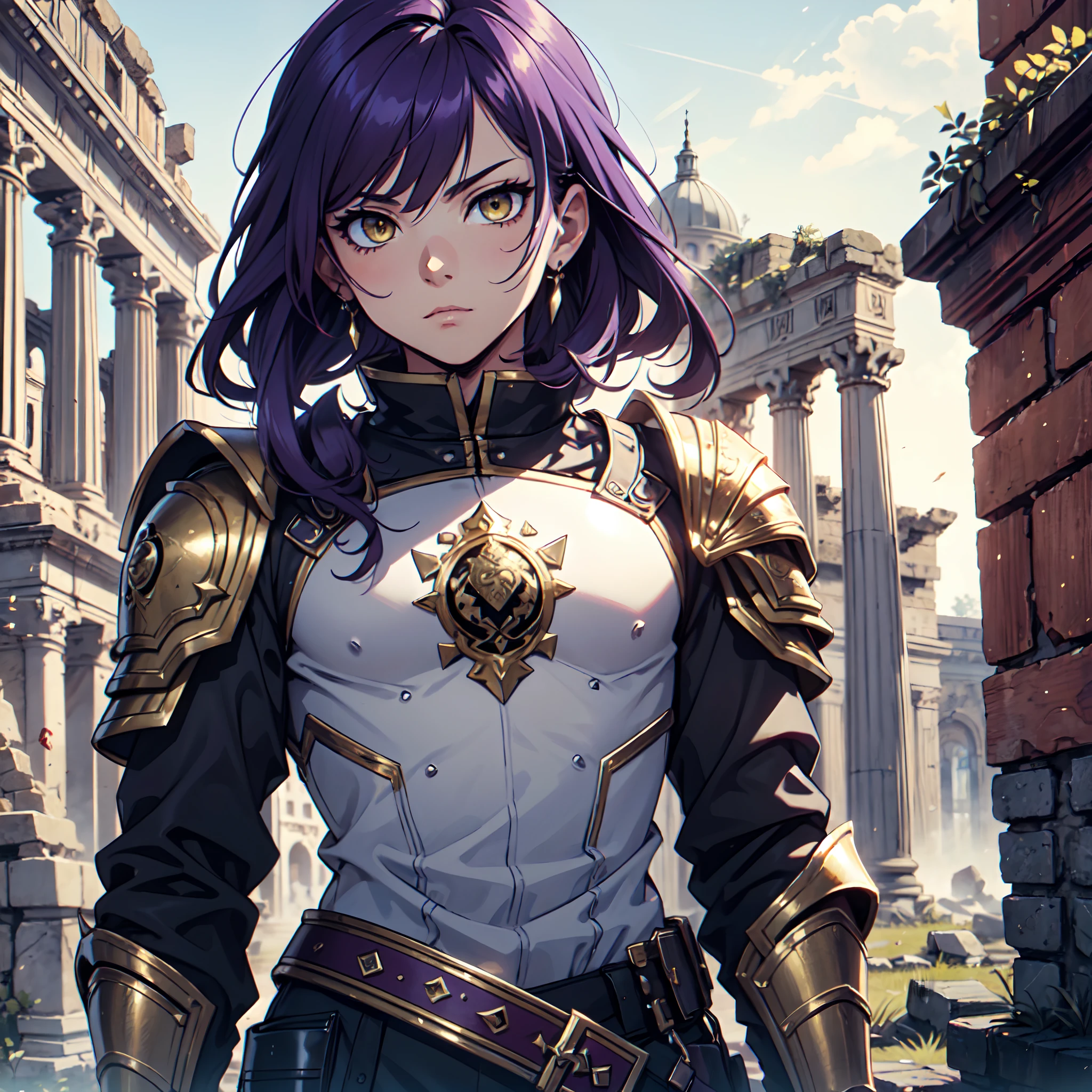 Ultra High Definition,
Ultra High Quality,
Hyper Definition,
Hyper Quality,
Hyper Detailed,
Extremely Detailed,
Perfectly Detailed,
Masterpiece,
8k,
1 Boy,
Anime,
Long Purple Hair,
Under Cut Hairstyle,
Solid Yellow Eyes,
Handsome,
Armored With Roman Emperor Armor,
Body Shot,
Ancient Roman Empire Ruins Background,