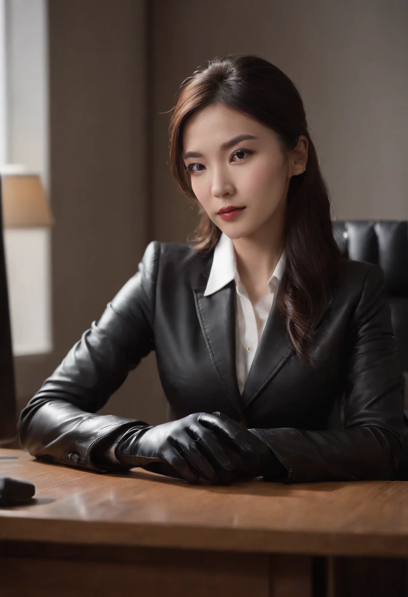 Wearing black leather gloves in both hands, upper body, black business suit, facing the desk in my room with a computer in the dark, tapping the keys of the computer keyboard with the fingertips of black leather gloves while looking at the screen, black hair bundled in the back for a long time, Japanese female new employee (black leather gloves cover both hands) (angle is in the front)