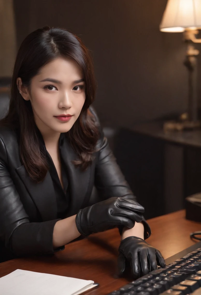 Wearing black leather gloves in both hands, upper body, black business suit, facing the desk in my room with a computer in the dark, tapping the keys of the computer keyboard with the fingertips of black leather gloves while looking at the screen, black hair bundled in the back for a long time, Japanese female new employee (black leather gloves cover both hands) (angle is in the front)